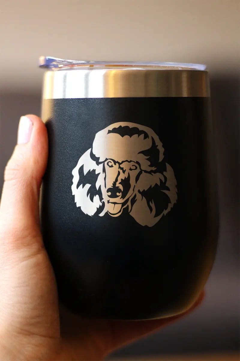 Insulated Stemless Wine Tumbler | 12 oz Stainless Steel | Sliding Lid | Poodle Happy Face