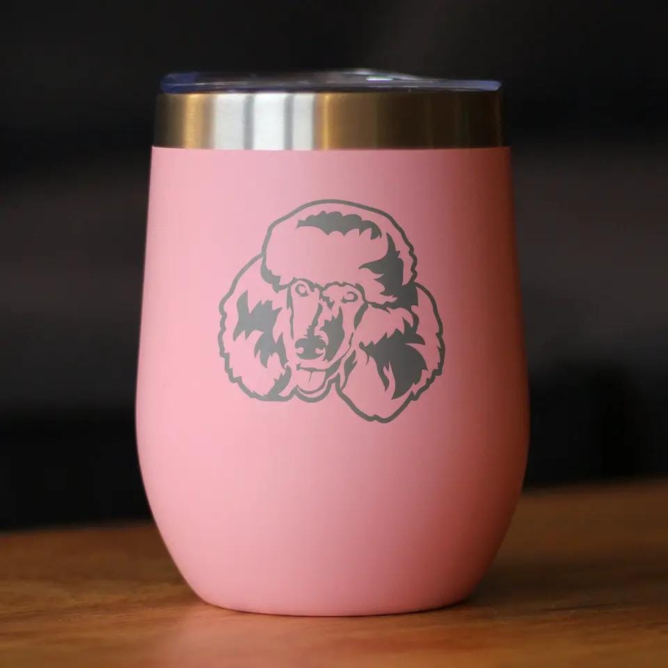 Insulated Stemless Wine Tumbler | 12 oz Stainless Steel | Sliding Lid | Poodle Happy Face