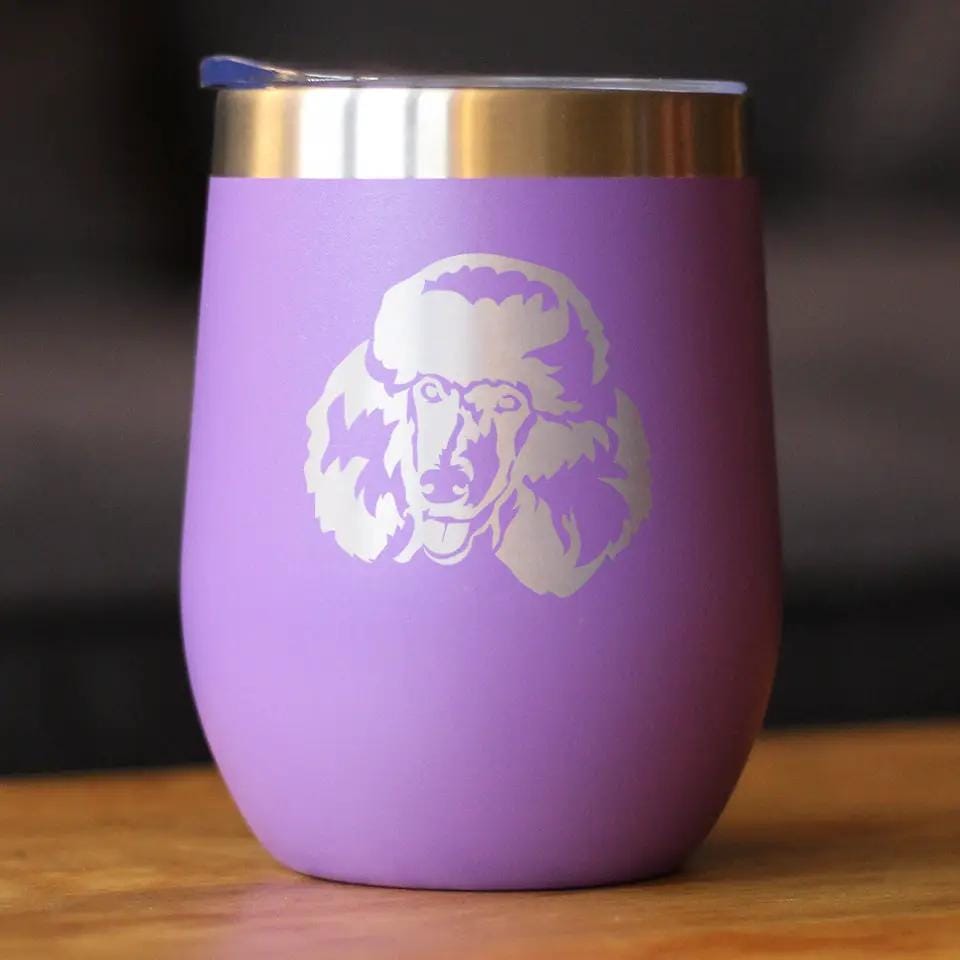 Insulated Stemless Wine Tumbler | 12 oz Stainless Steel | Sliding Lid | Poodle Happy Face