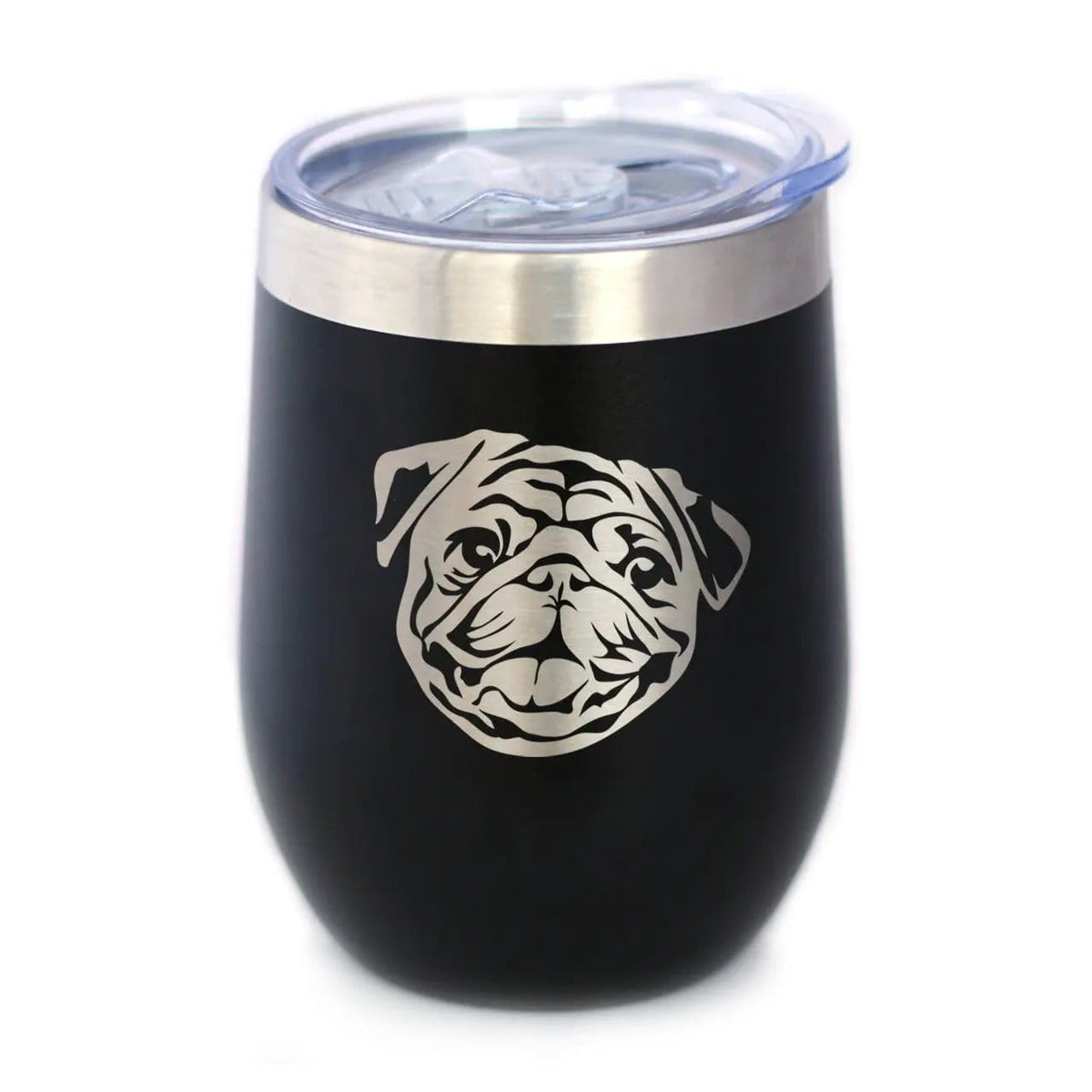 Insulated Stemless Wine Tumbler | 12 oz Stainless Steel | Sliding Lid | Pug