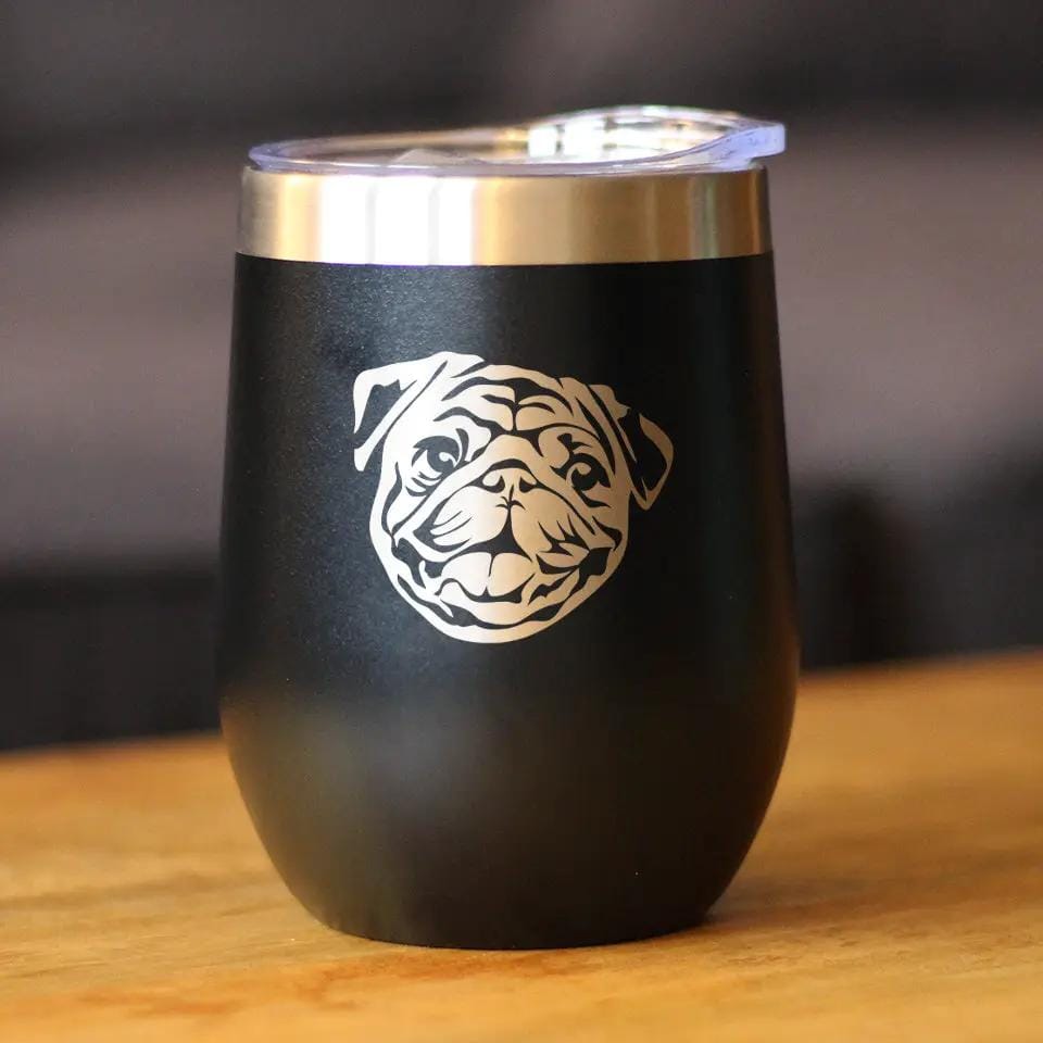 Insulated Stemless Wine Tumbler | 12 oz Stainless Steel | Sliding Lid | Pug