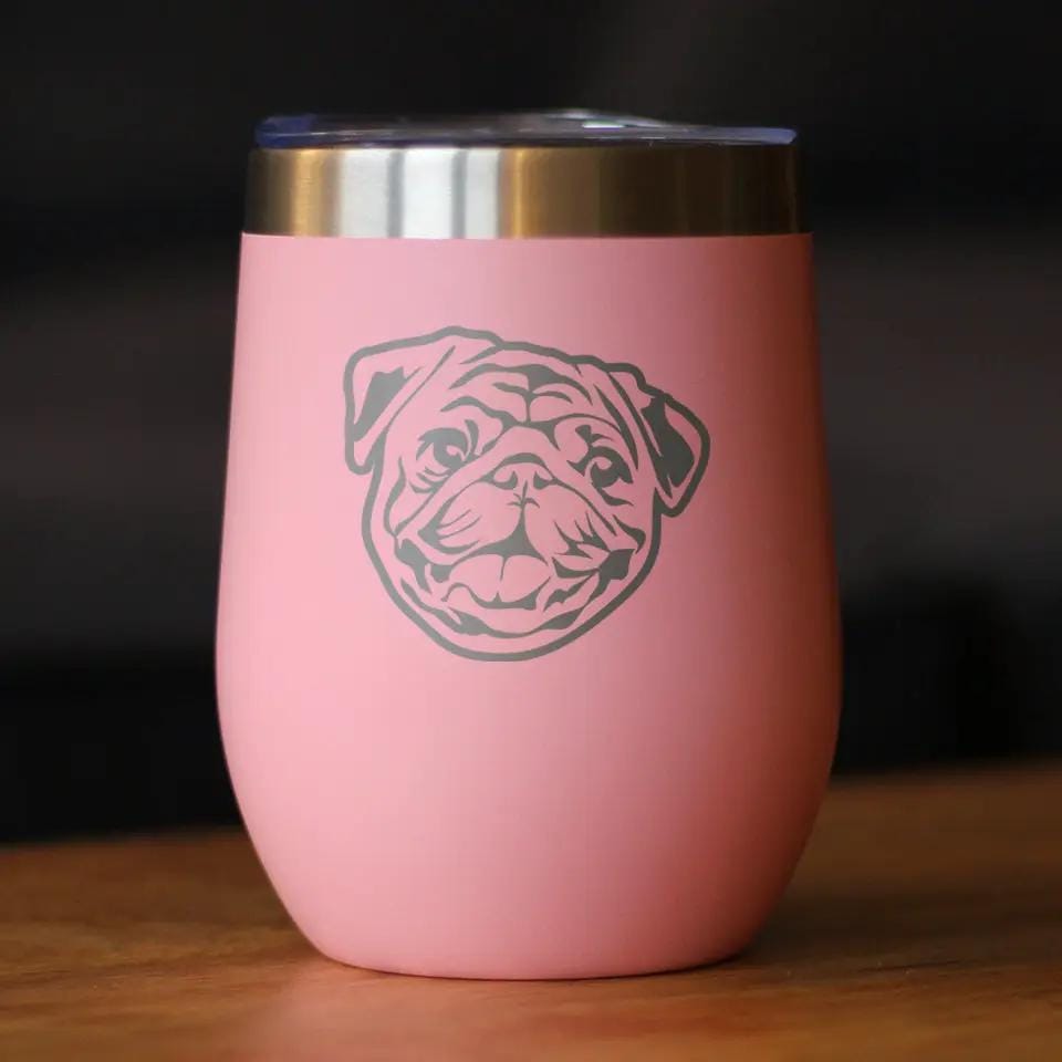Insulated Stemless Wine Tumbler | 12 oz Stainless Steel | Sliding Lid | Pug