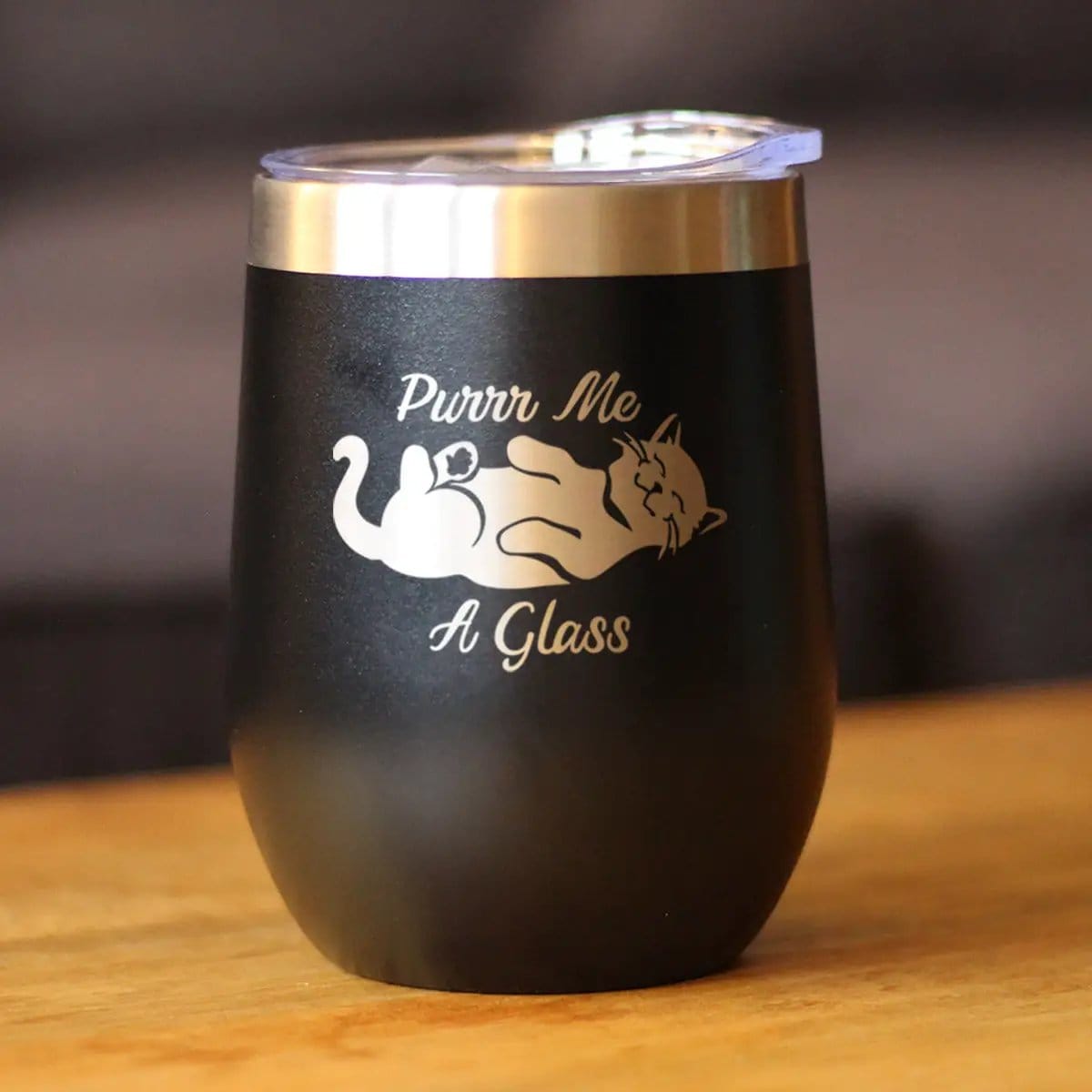 Insulated Stemless Wine Tumbler | 12 oz Stainless Steel | Sliding Lid | Purr Me A