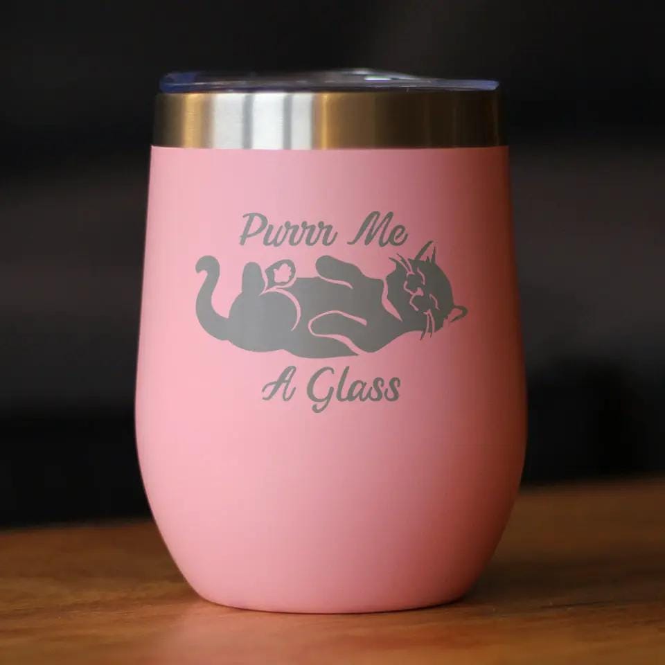 Insulated Stemless Wine Tumbler | 12 oz Stainless Steel | Sliding Lid | Purr Me A