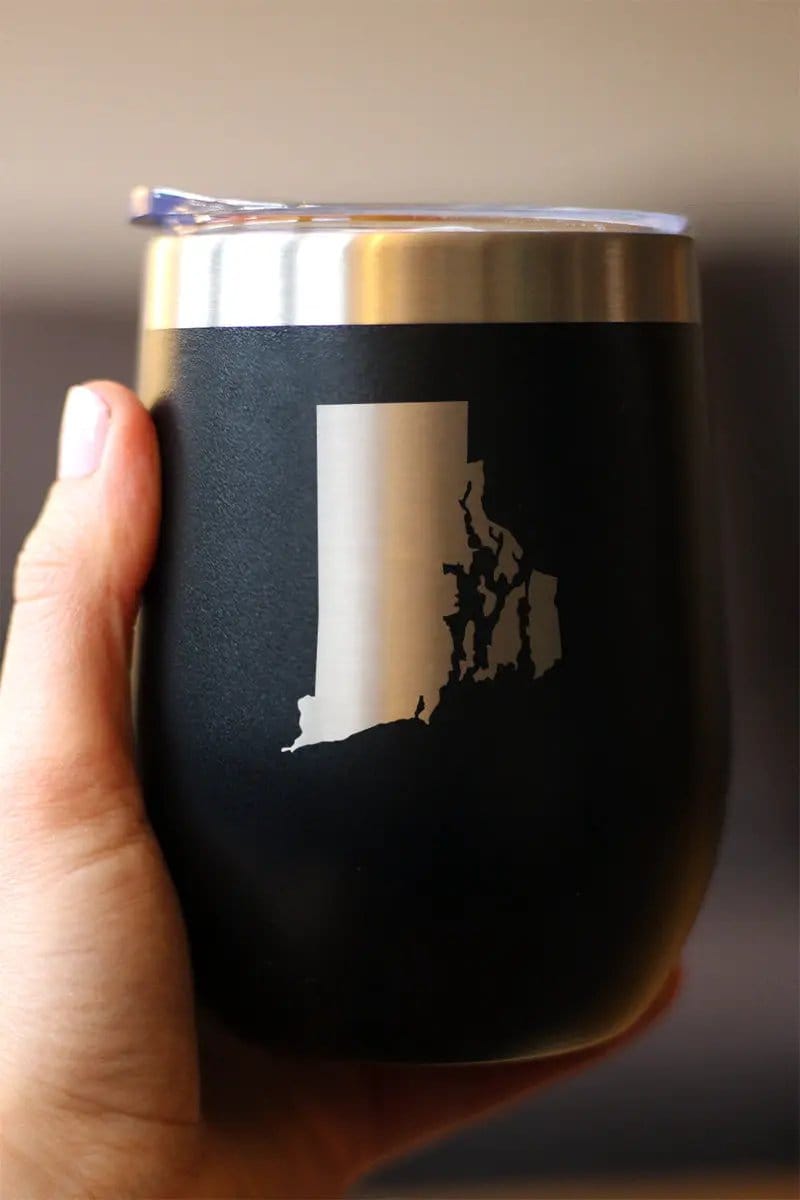 Insulated Stemless Wine Tumbler | 12 oz Stainless Steel | Sliding Lid | Rhode Island State Outline