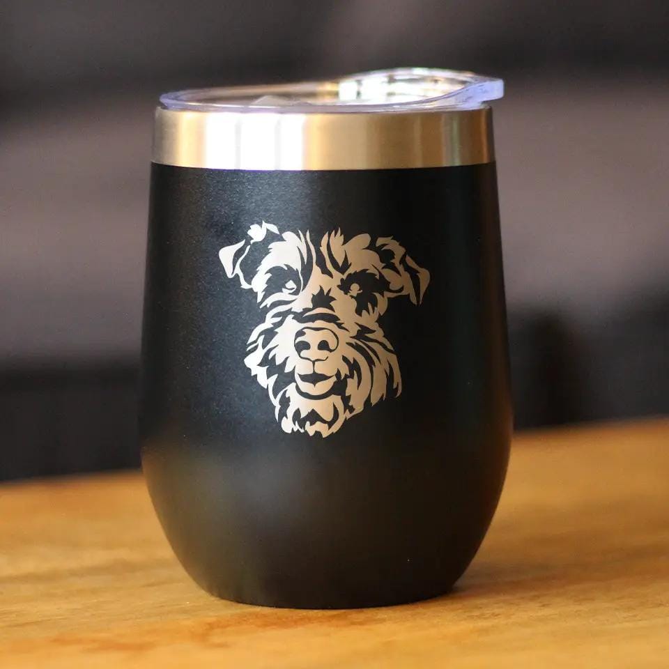 Insulated Stemless Wine Tumbler | 12 oz Stainless Steel | Sliding Lid | Schnauzer Face