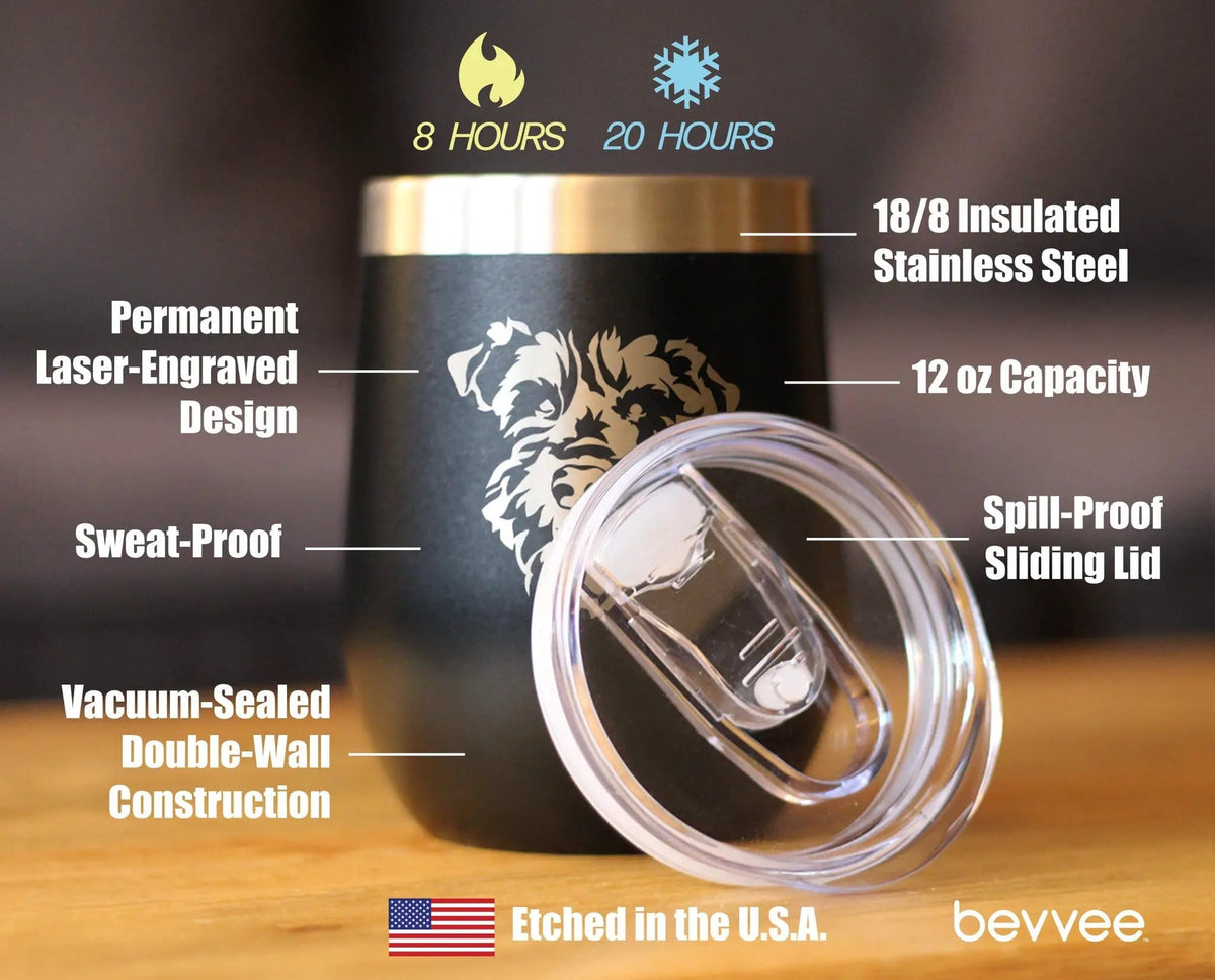 Insulated Stemless Wine Tumbler | 12 oz Stainless Steel | Sliding Lid | Schnauzer Face