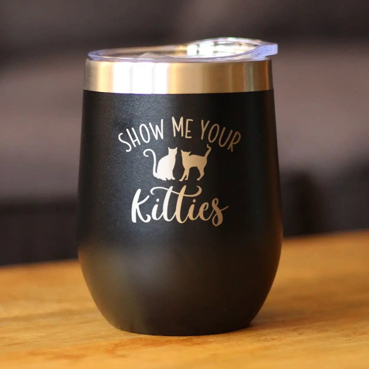 Insulated Stemless Wine Tumbler | 12 oz Stainless Steel | Sliding Lid | Show Me Your Kitties