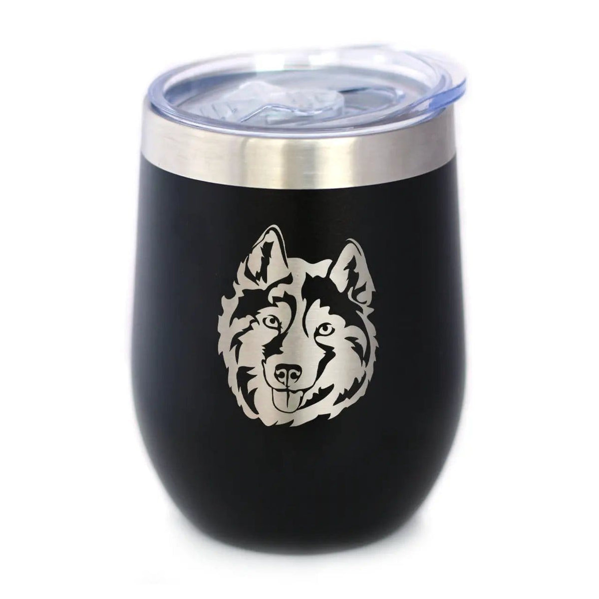 Insulated Stemless Wine Tumbler | 12 oz Stainless Steel | Sliding Lid | Siberian Husky Face