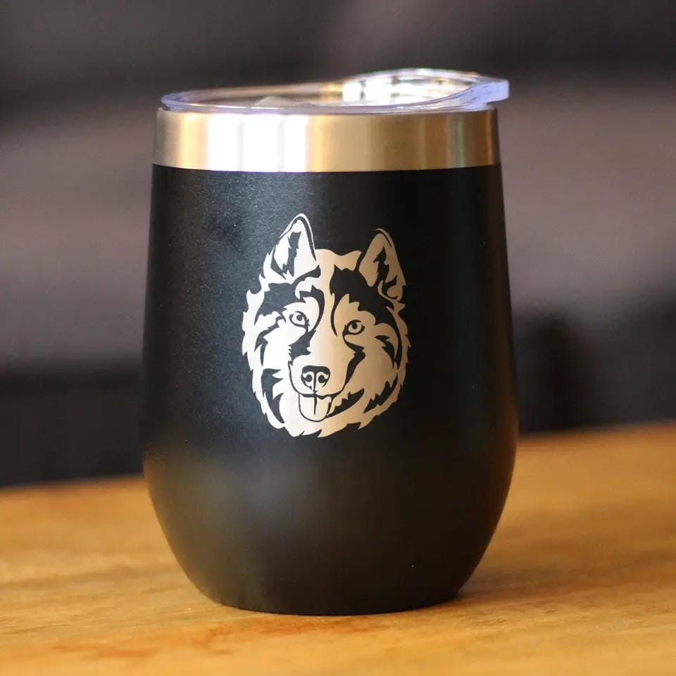 Insulated Stemless Wine Tumbler | 12 oz Stainless Steel | Sliding Lid | Siberian Husky Face
