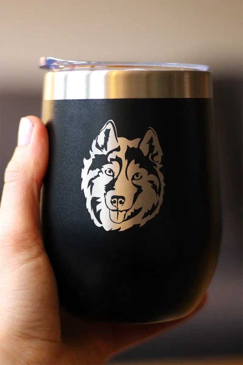 Insulated Stemless Wine Tumbler | 12 oz Stainless Steel | Sliding Lid | Siberian Husky Face