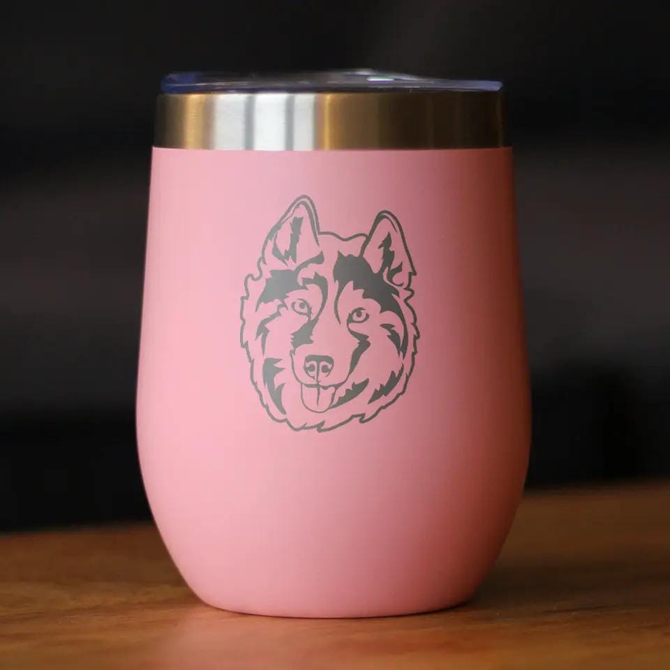 Insulated Stemless Wine Tumbler | 12 oz Stainless Steel | Sliding Lid | Siberian Husky Face