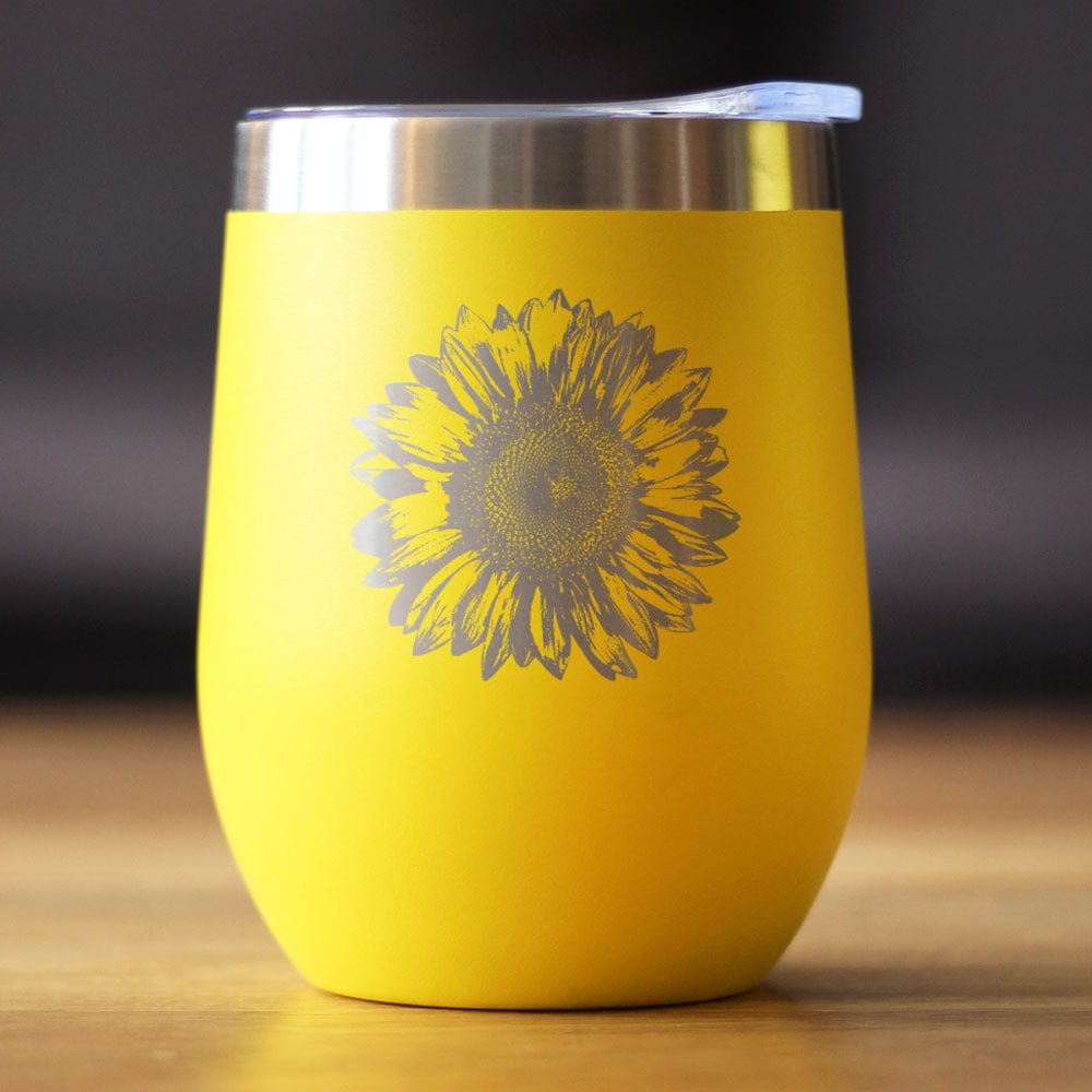Insulated Stemless Wine Tumbler | 12 oz Stainless Steel | Sliding Lid | Sunflower