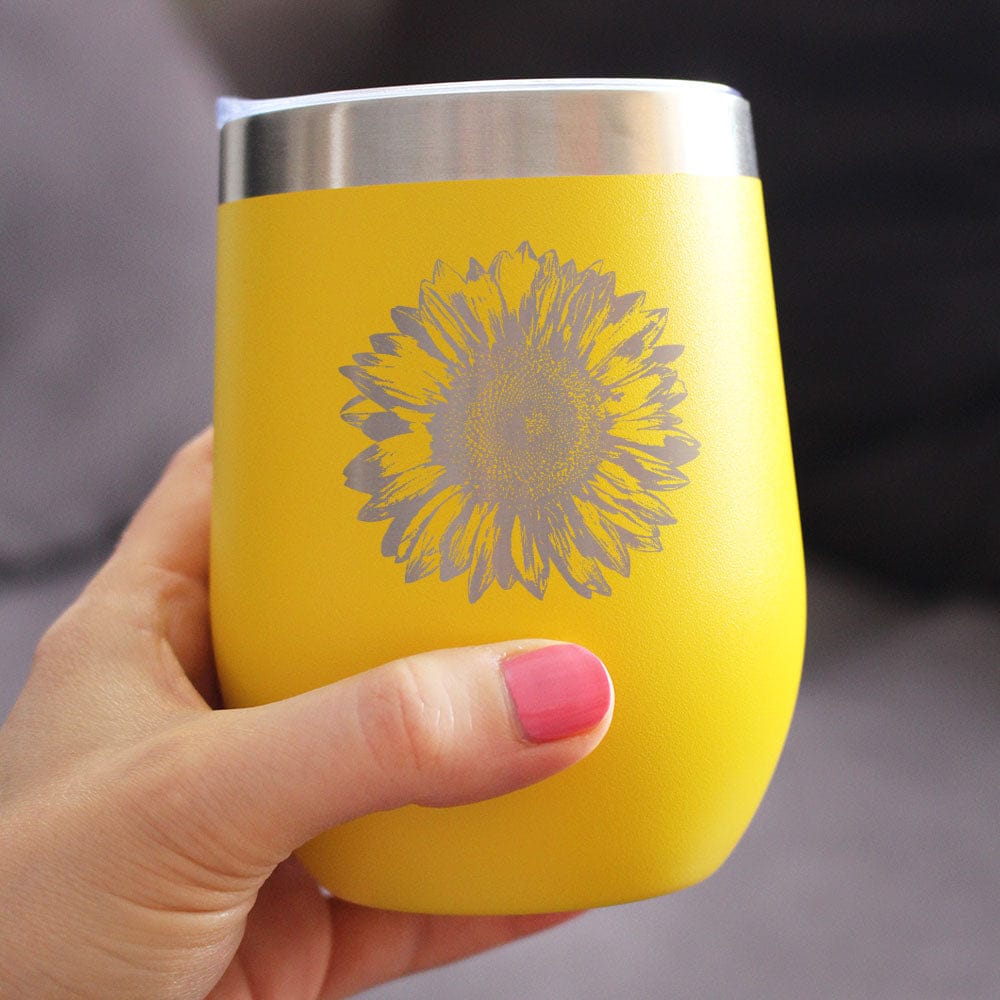 Insulated Stemless Wine Tumbler | 12 oz Stainless Steel | Sliding Lid | Sunflower