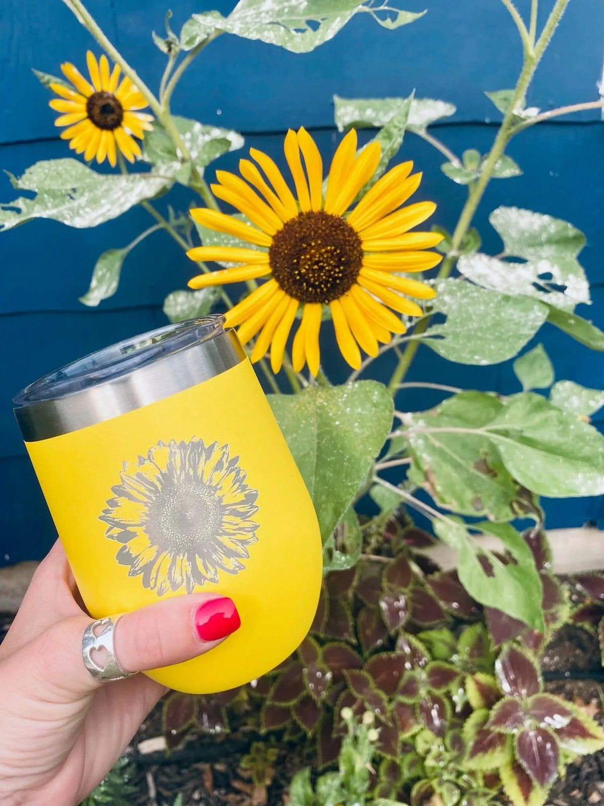 Insulated Stemless Wine Tumbler | 12 oz Stainless Steel | Sliding Lid | Sunflower