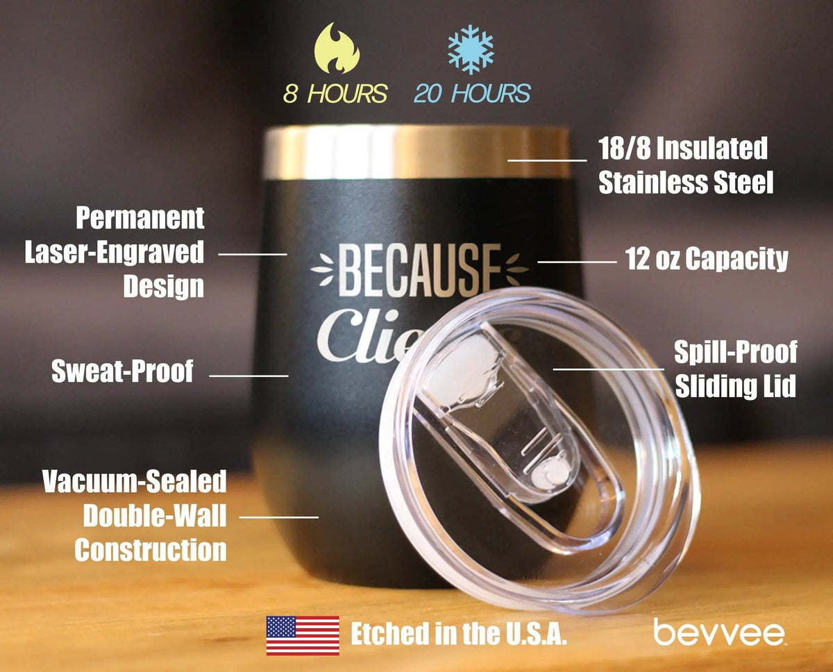 Insulated Stemless Wine Tumbler | 12 oz Stainless Steel | Sliding Lid | Because Clients