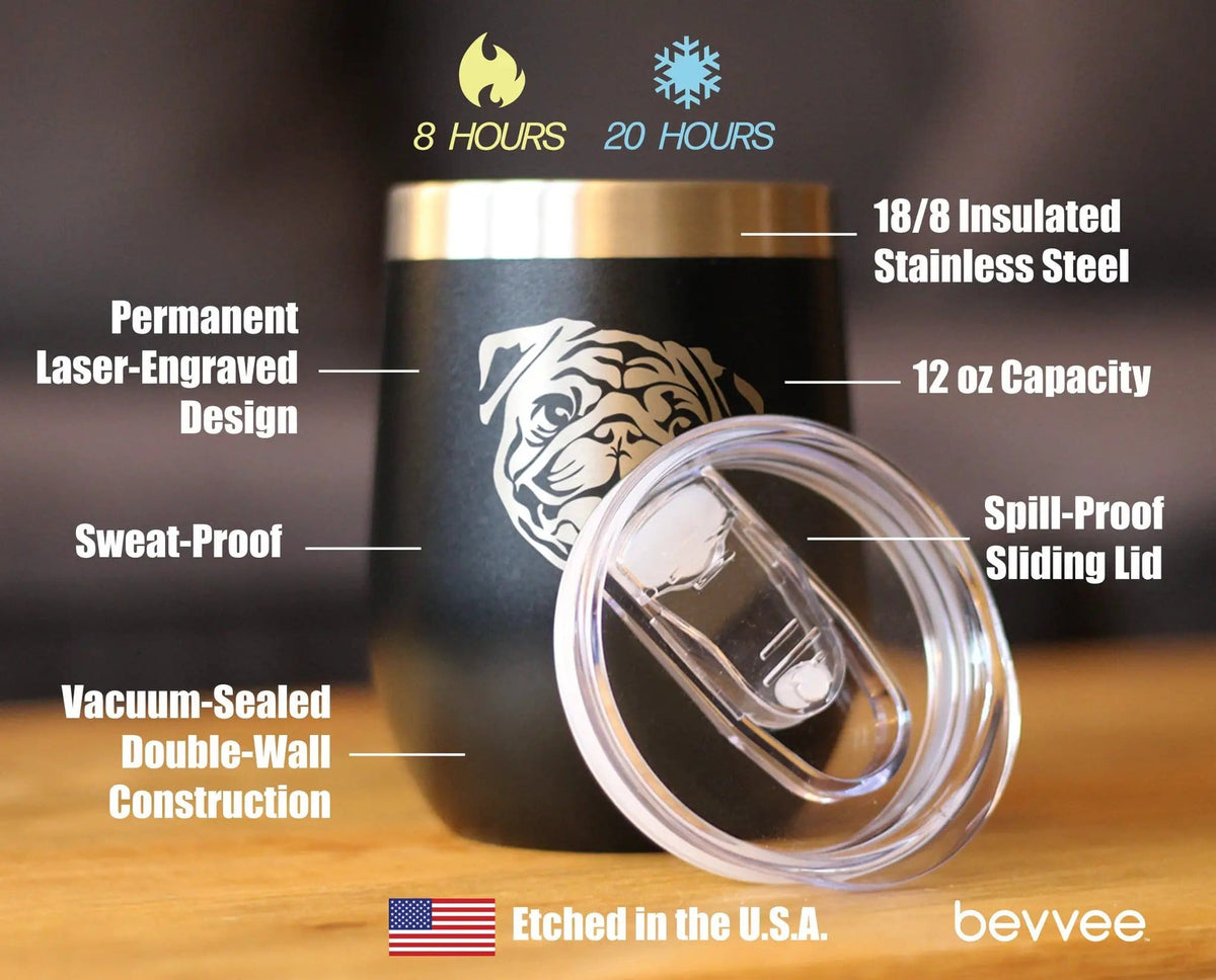 Insulated Stemless Wine Tumbler | 12 oz Stainless Steel | Sliding Lid | Pug
