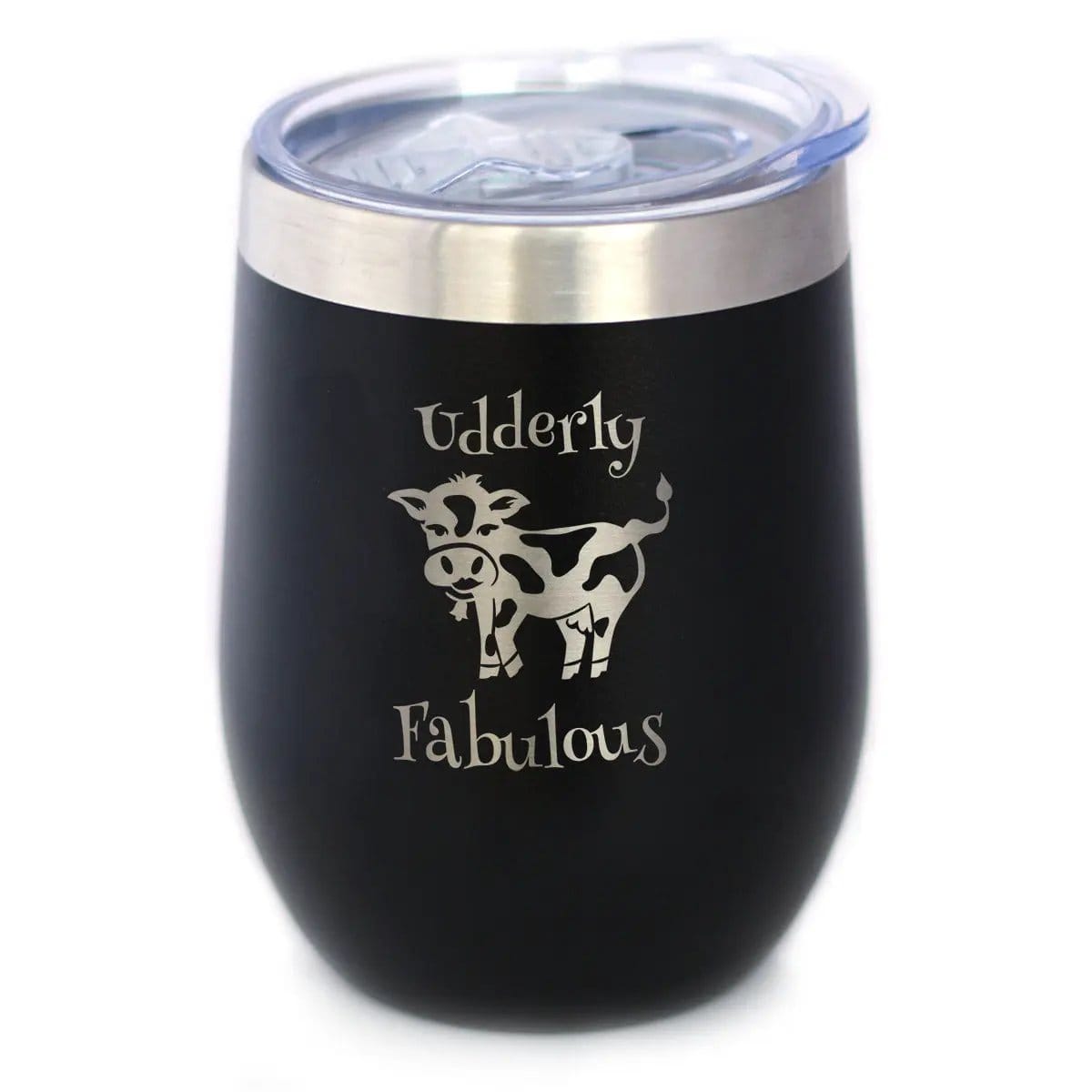 Insulated Stemless Wine Tumbler | 12 oz Stainless Steel | Sliding Lid | Udderly Fabulous - Cow