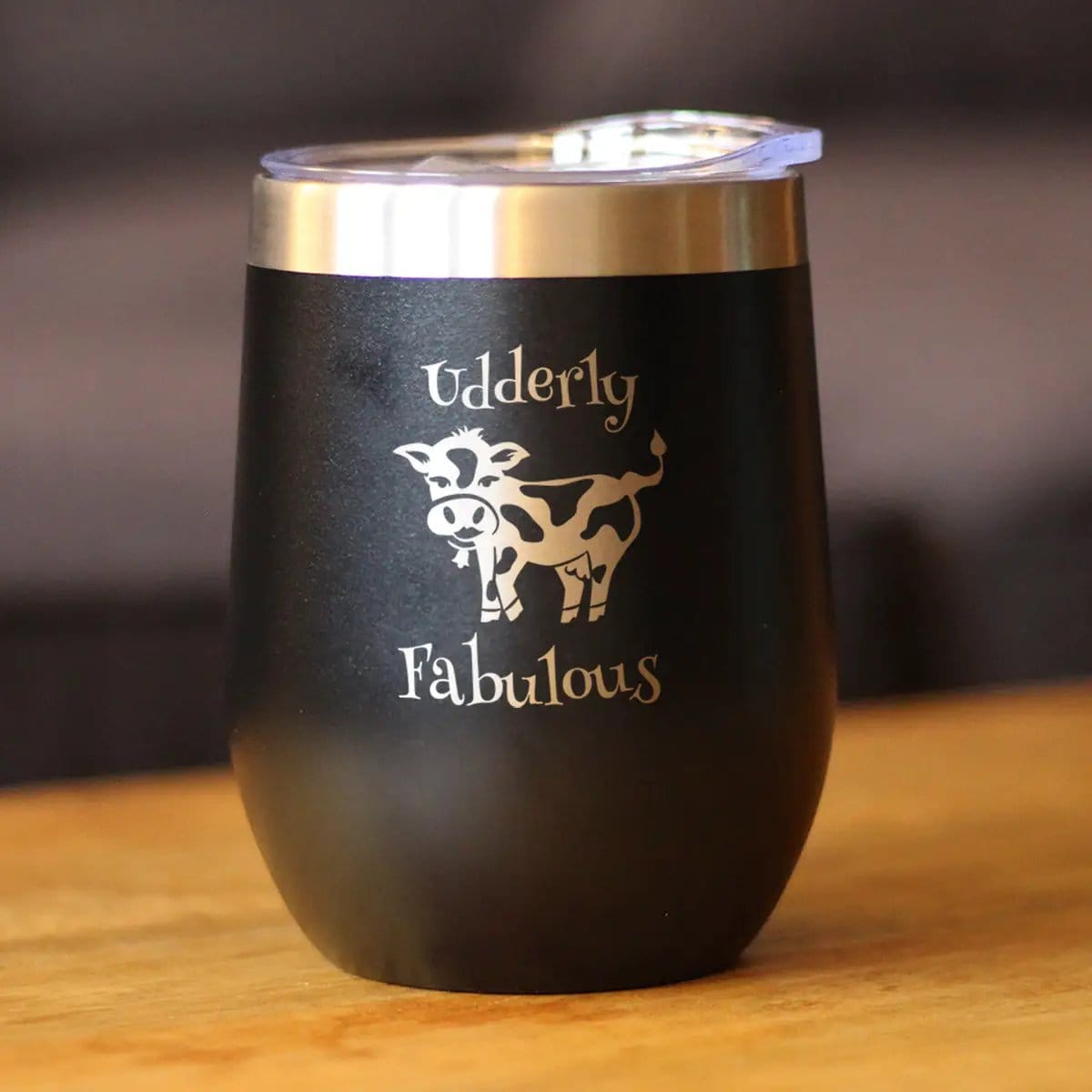 Insulated Stemless Wine Tumbler | 12 oz Stainless Steel | Sliding Lid | Udderly Fabulous - Cow