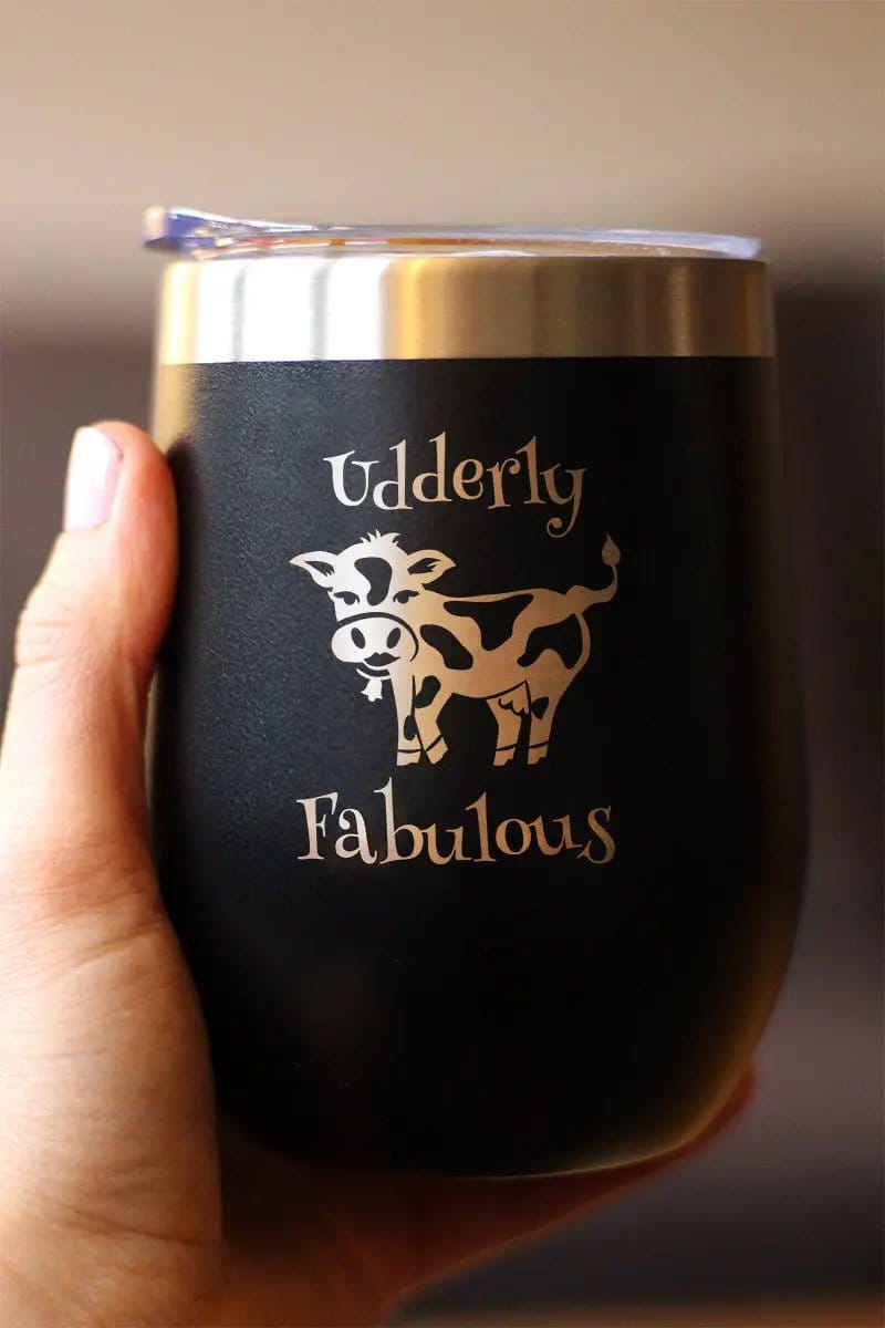 Insulated Stemless Wine Tumbler | 12 oz Stainless Steel | Sliding Lid | Udderly Fabulous - Cow