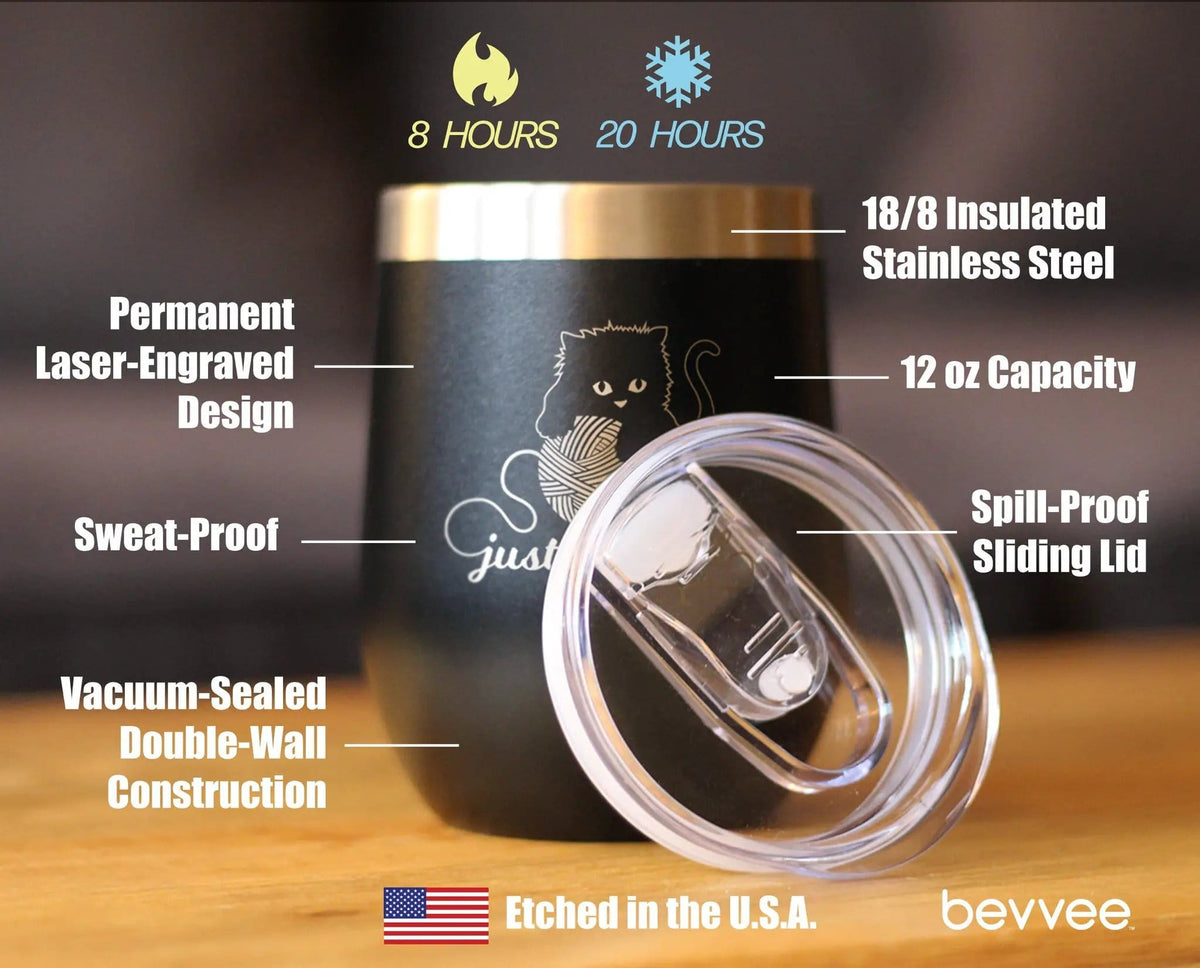 Insulated Stemless Wine Tumbler | 12 oz Stainless Steel | Sliding Lid | Just Unwind - Cat