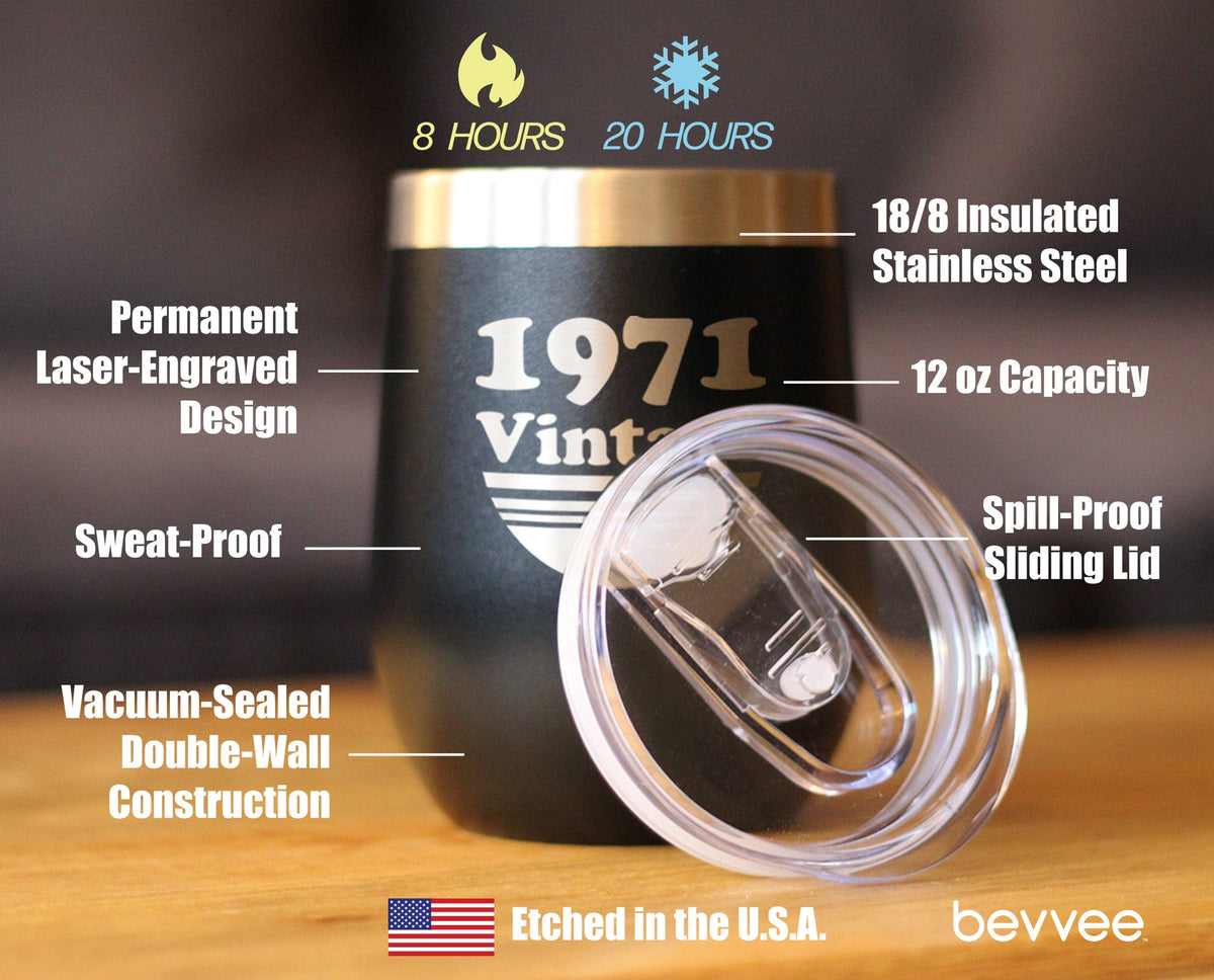 Insulated Stemless Wine Tumbler | 12 oz Stainless Steel | Sliding Lid | Vintage 1971