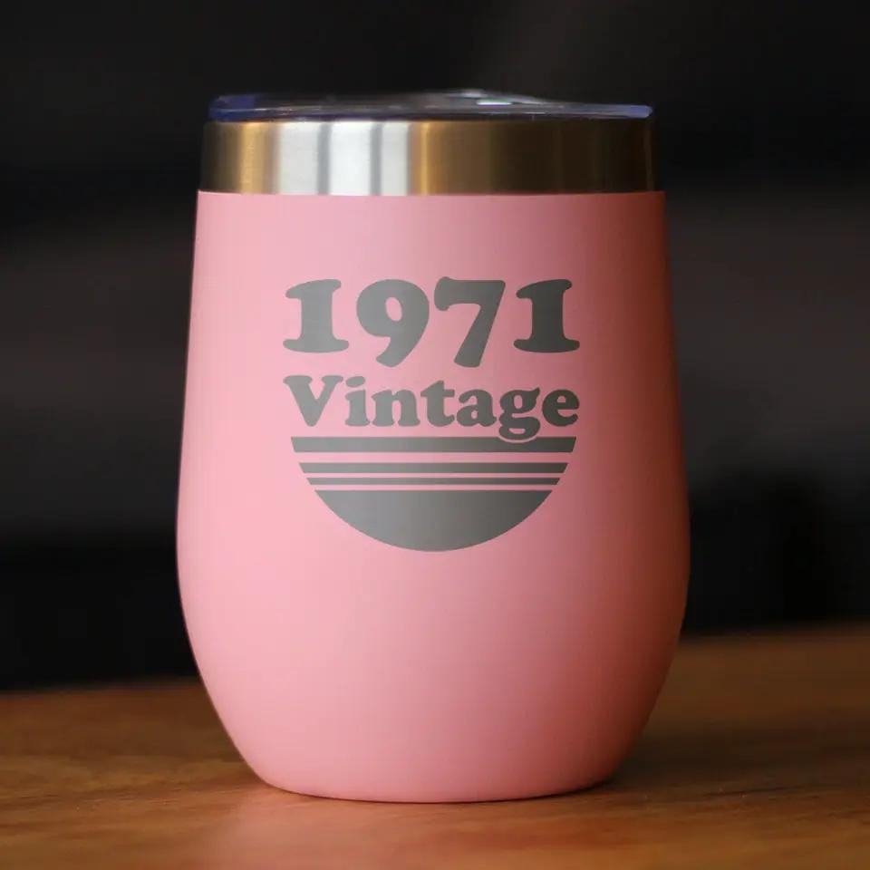 Insulated Stemless Wine Tumbler | 12 oz Stainless Steel | Sliding Lid | Vintage 1971