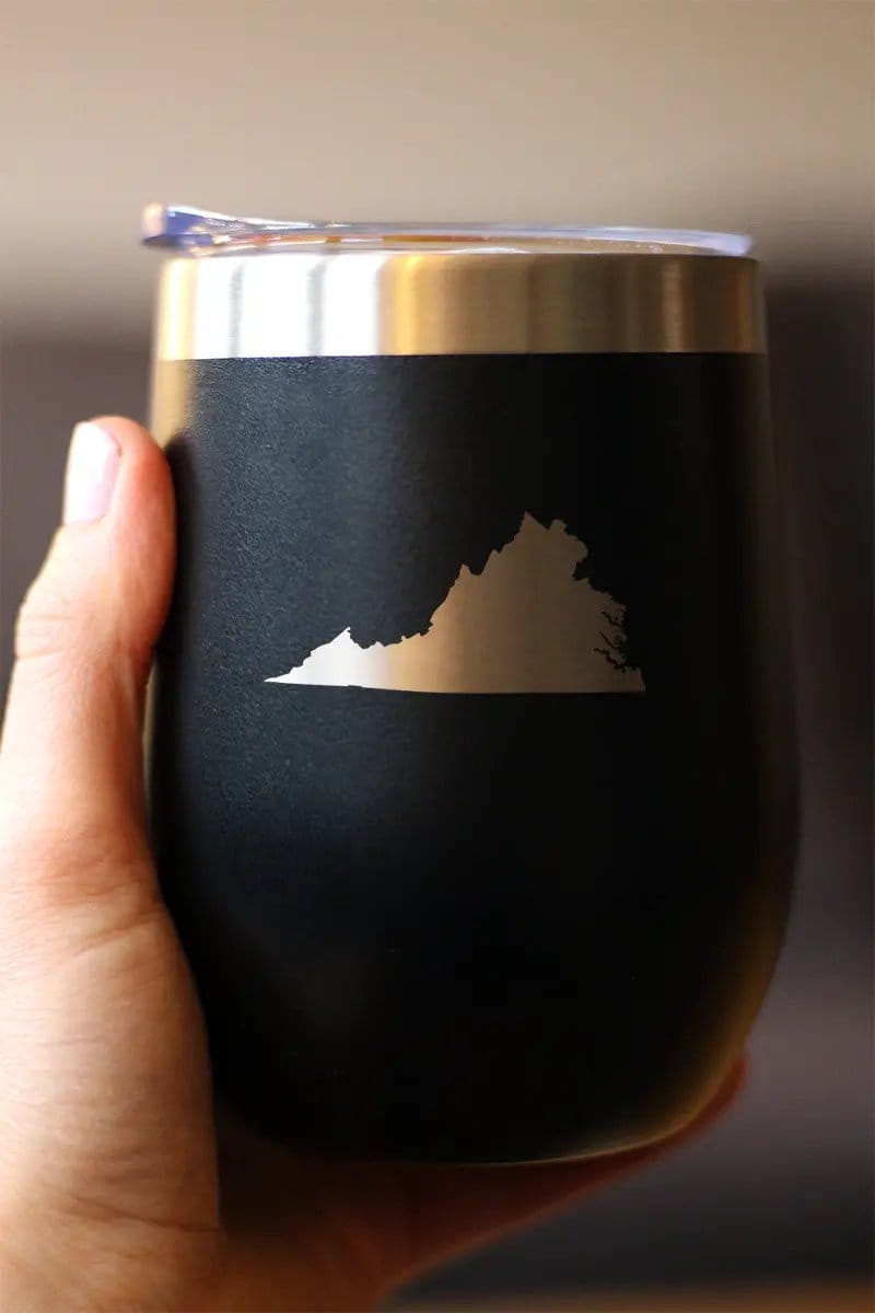 Insulated Stemless Wine Tumbler | 12 oz Stainless Steel | Sliding Lid | Virginia State Outline