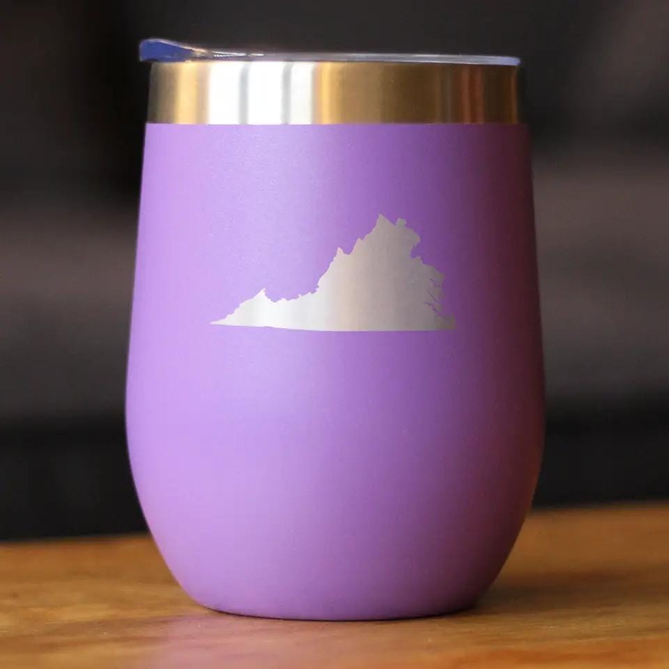 Insulated Stemless Wine Tumbler | 12 oz Stainless Steel | Sliding Lid | Virginia State Outline