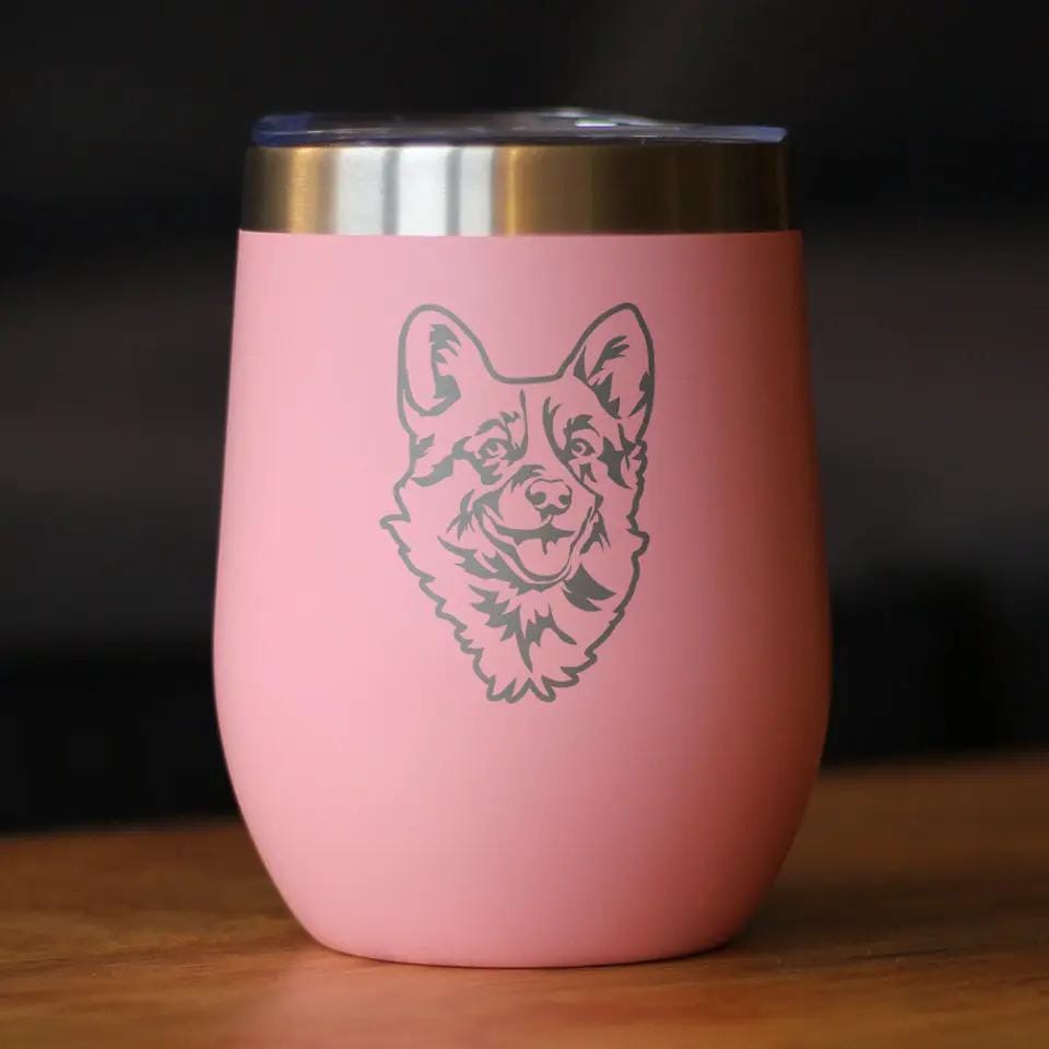 Insulated Stemless Wine Tumbler | 12 oz Stainless Steel | Sliding Lid | Welsh Corgi Face