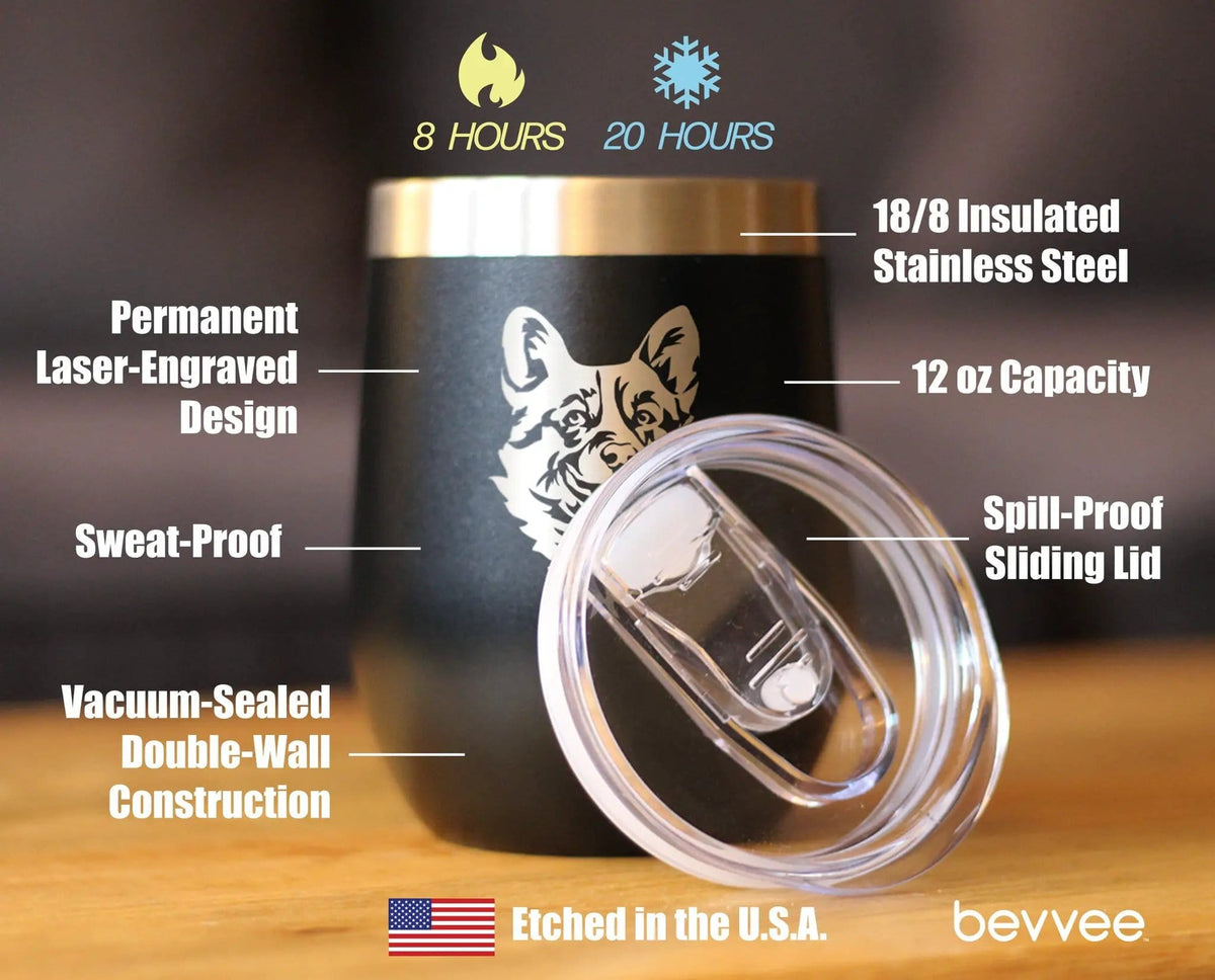 Insulated Stemless Wine Tumbler | 12 oz Stainless Steel | Sliding Lid | Welsh Corgi Face