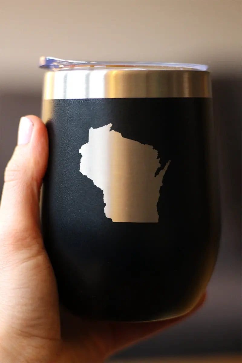Insulated Stemless Wine Tumbler | 12 oz Stainless Steel | Sliding Lid | Wisconsin State Outline
