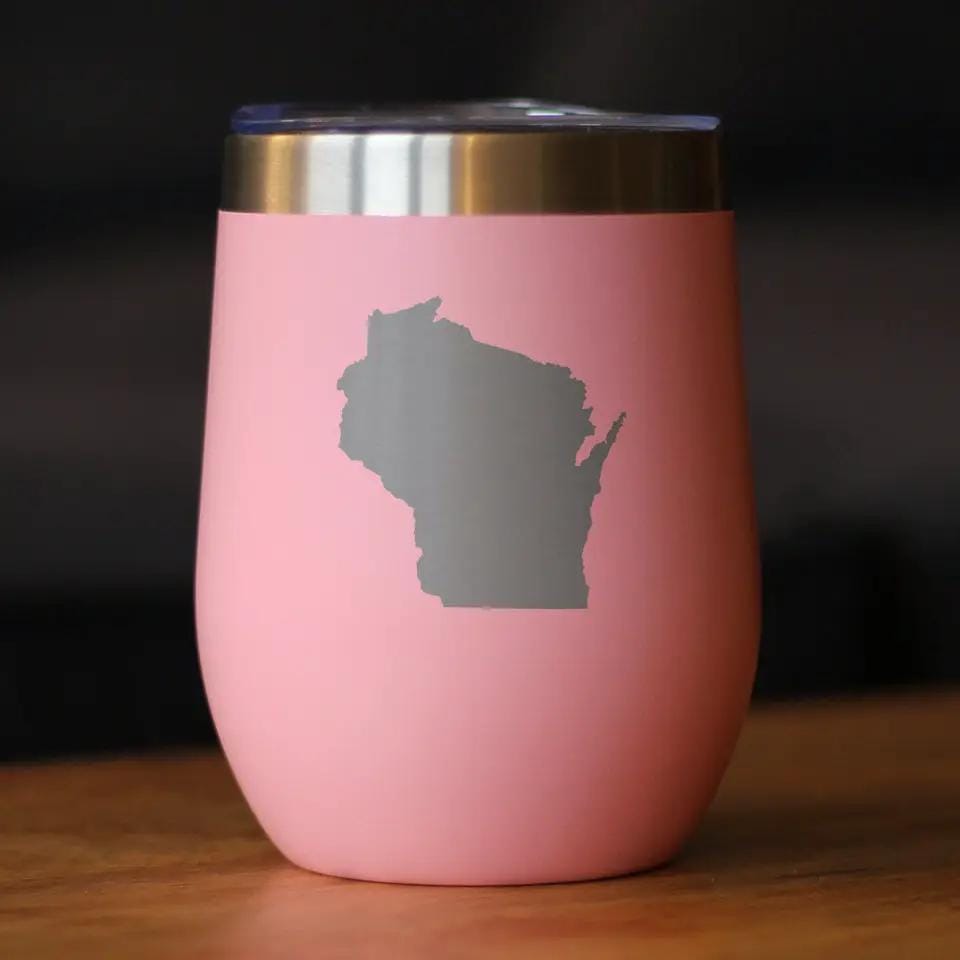 Insulated Stemless Wine Tumbler | 12 oz Stainless Steel | Sliding Lid | Wisconsin State Outline