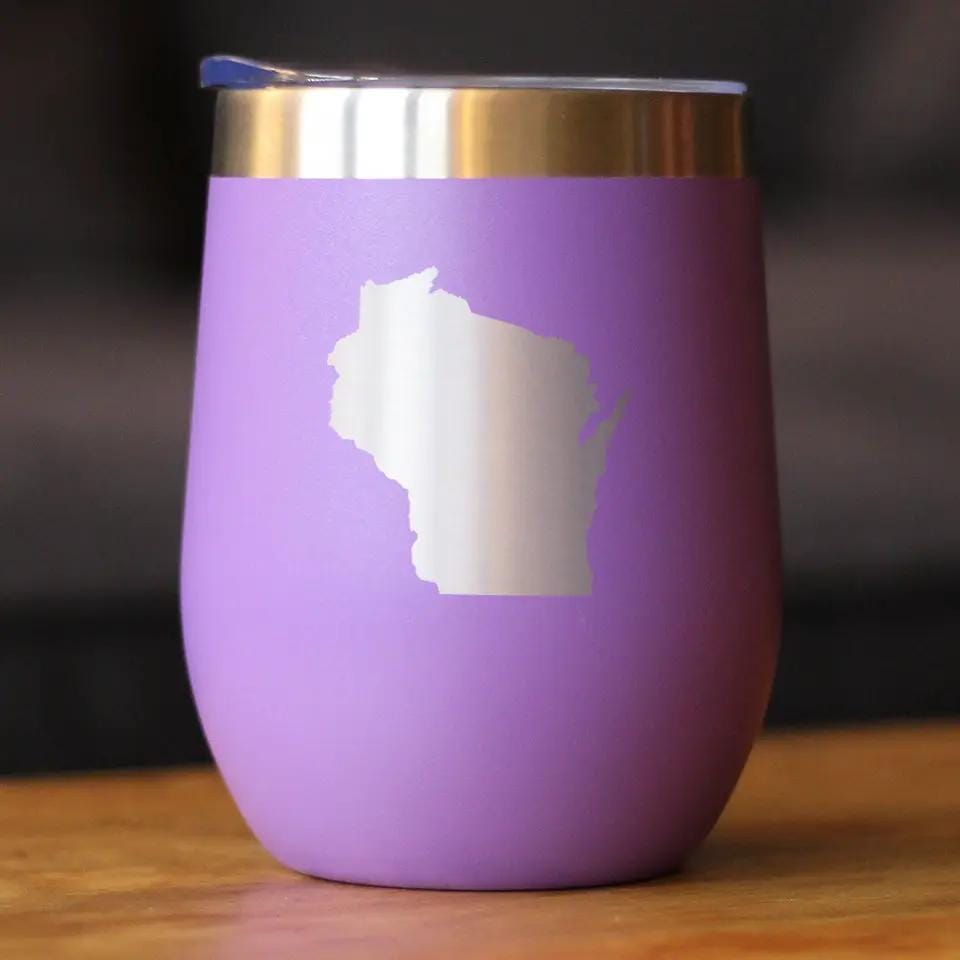 Insulated Stemless Wine Tumbler | 12 oz Stainless Steel | Sliding Lid | Wisconsin State Outline