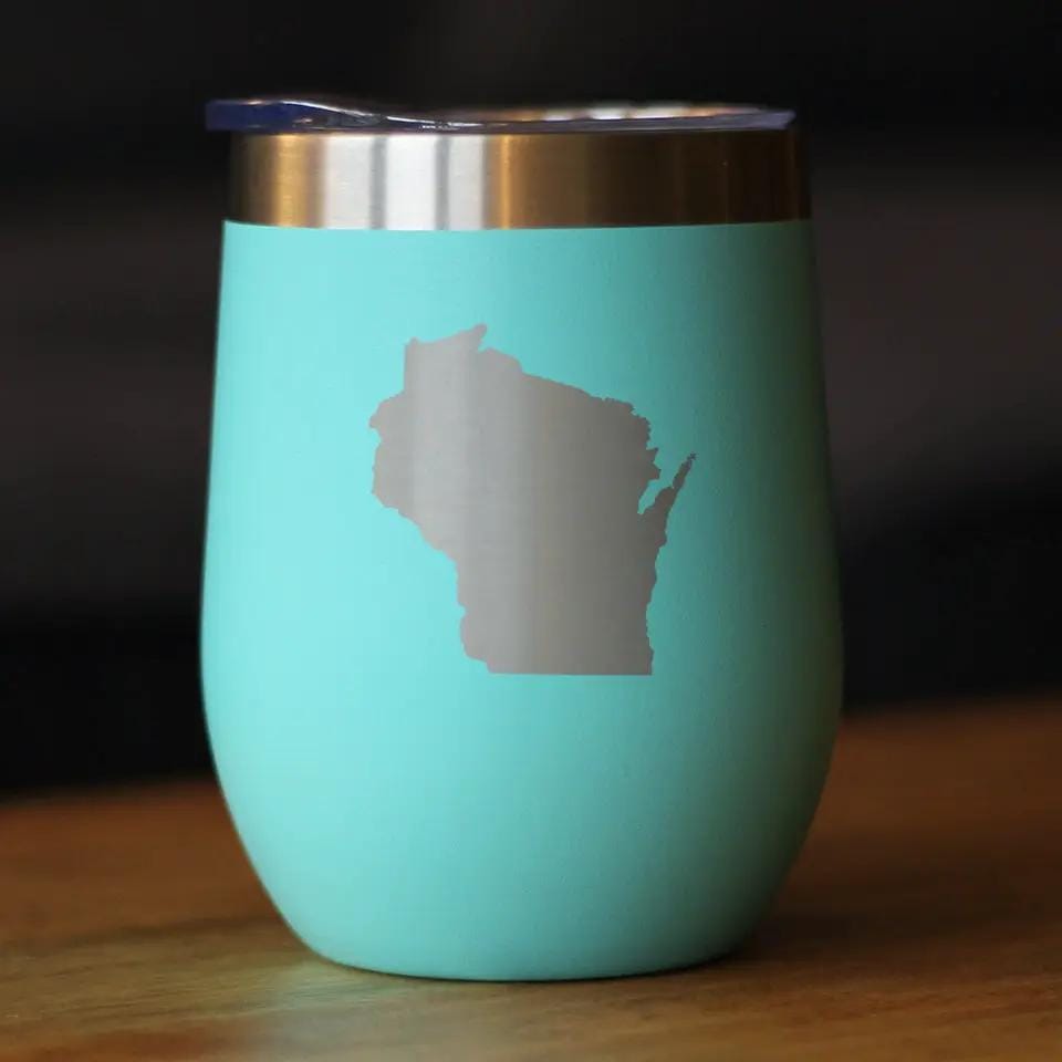 Insulated Stemless Wine Tumbler | 12 oz Stainless Steel | Sliding Lid | Wisconsin State Outline