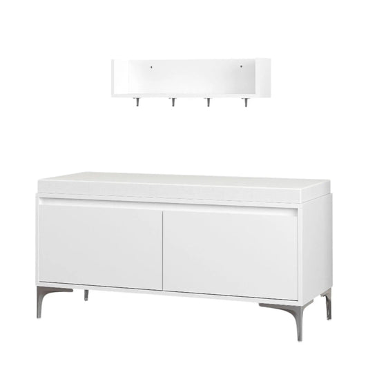 Wall Mounted Entryway Shelf With Hooks And Storage Bench Set - | 39.37 x 15.75 x 19.49 in | Metal & Wood | Off White