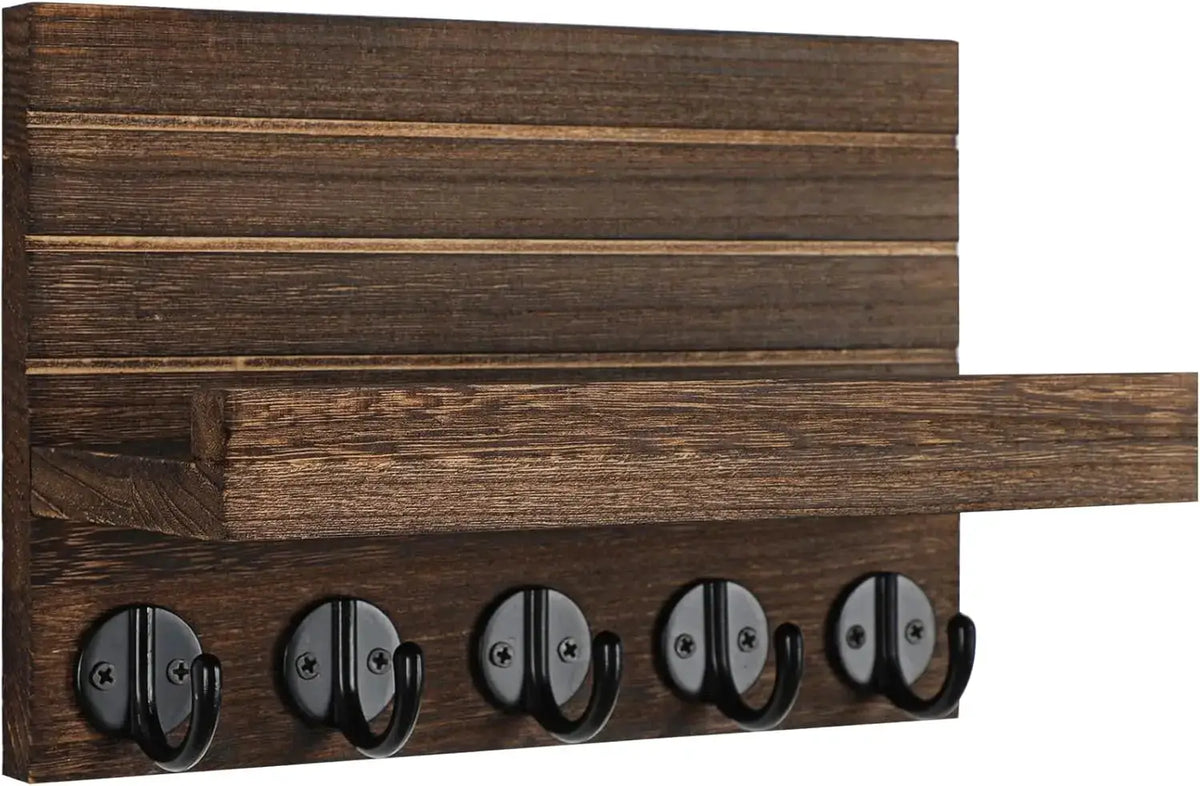 Lwenki Key Holder for Wall, Decorative Key and Mail Holder with Shelf Has Large Key Hooks for Bags, Coats – Paulownia Wood Key Hanger with Mounting Hardware (9.8”W x 6.7”H x 4.2”D) (Brown) from PriceLows™