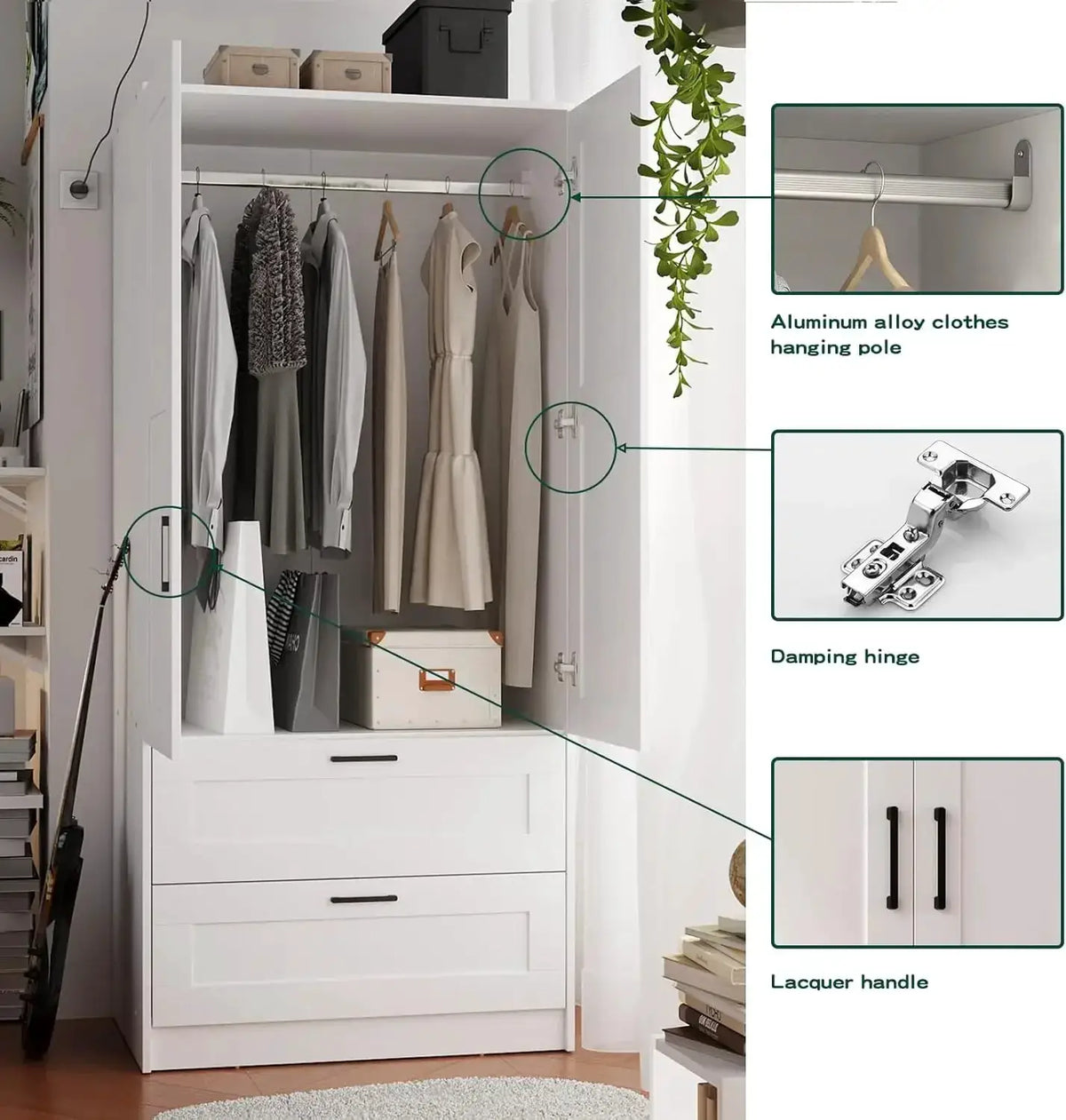 White Wood Wardrobe Closet with 2 Doors and 2 Drawers, Freestanding Armoire Storage with Shelves for Hanging Clothes from PriceLows™