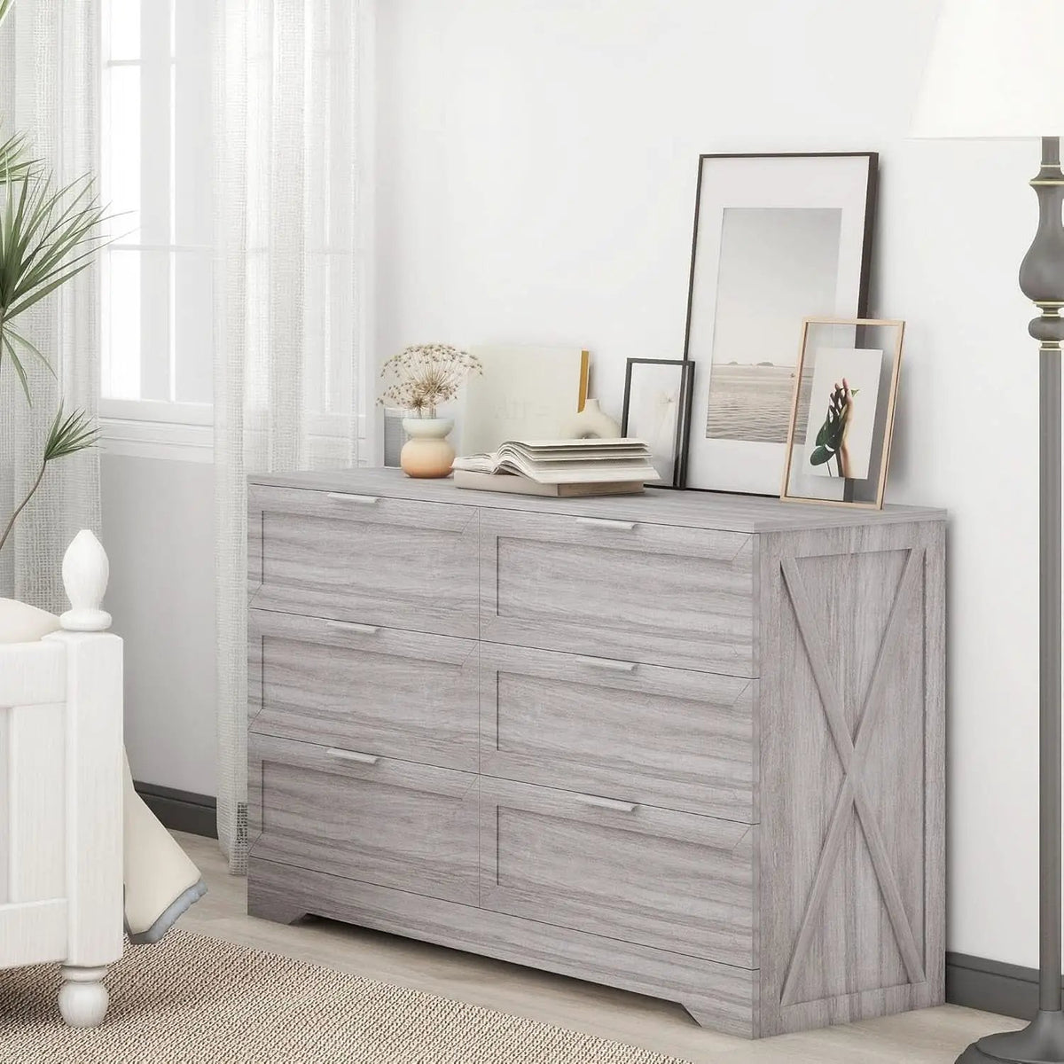 Wash Grey Six Drawer Contemporary Hardwood Dresser