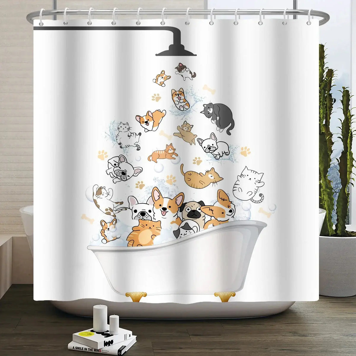 Cartoon Cat Shower Curtain Funny Animal Cute Cat Dog Kids Print Waterproof Bath Bathroom Shower Curtains Decoration with Hooks from PriceLows™