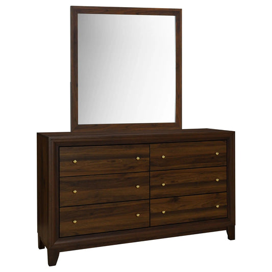 Welsley 6-drawer Dresser and Mirror | 58.5 x 17.25 x 75.5 in | Walnut Wood & Veneer | Walnut