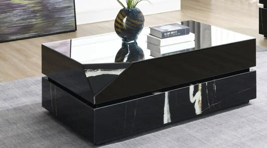 Wenona Mirrored Coffee Table | 28 x 47 x 18 in | Marble & Tempered Glass | Black