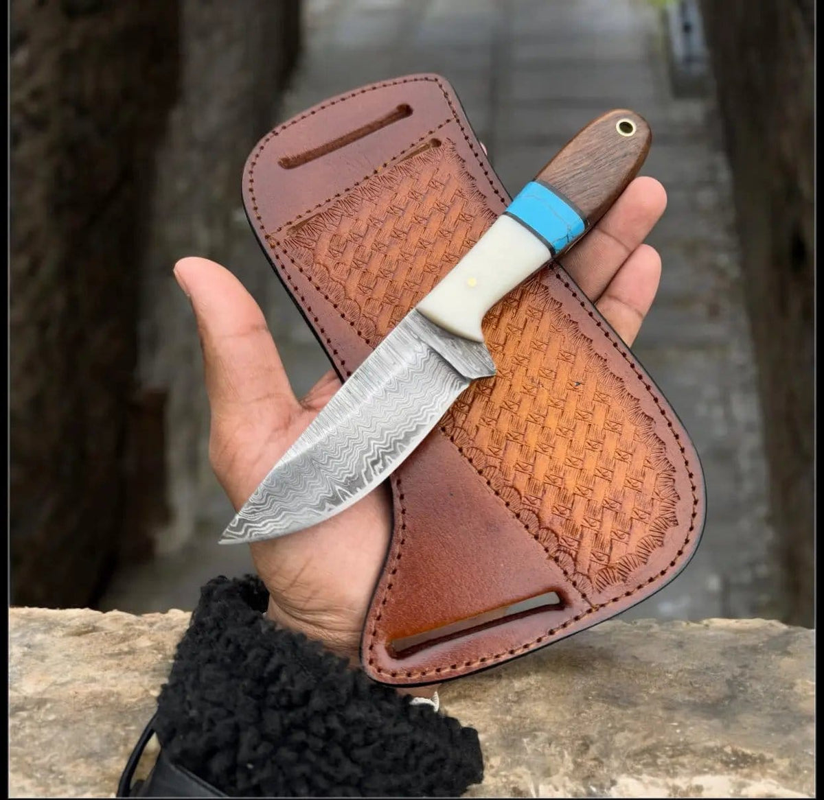 Western Knife and Sheath Set Damascus Steel Blade with Resin Handle & Leather Belt | Damascus Steel | cowboy knife | Home