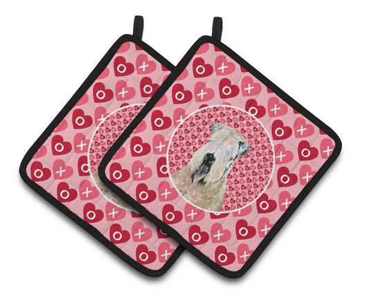 Pot Holder Set of 2 | Heat Resistant Quilted Hot Pads | 7.5 x 7.5 Inch | Wheaten Terrier Soft Coated Hearts Love Valentine's