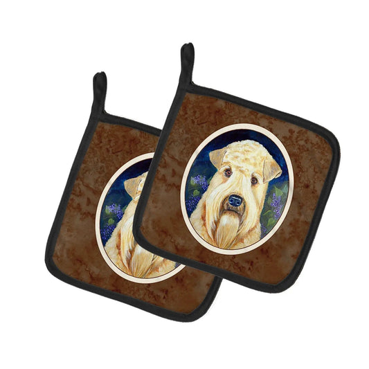 Pot Holder Set of 2 | Heat Resistant Quilted Hot Pads | 7.5 x 7.5 Inch | Wheaten Terrier Soft Coated (Style 3)