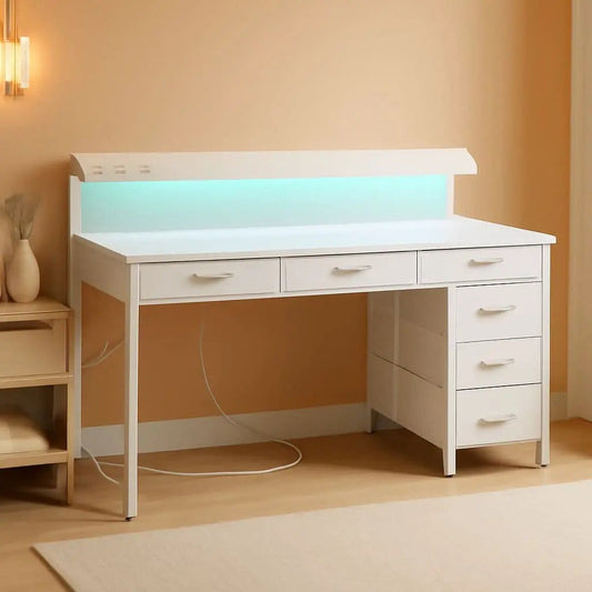 White 47 Inch LED Gaming Desk With 6 Drawers USB Type C from PriceLows™
