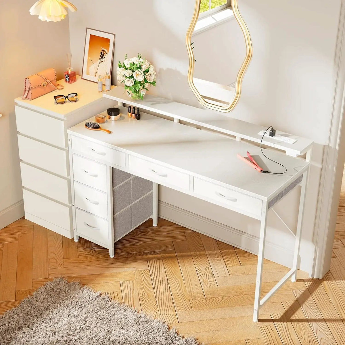 White 47 Inch LED Gaming Desk With 6 Drawers USB Type C from PriceLows™