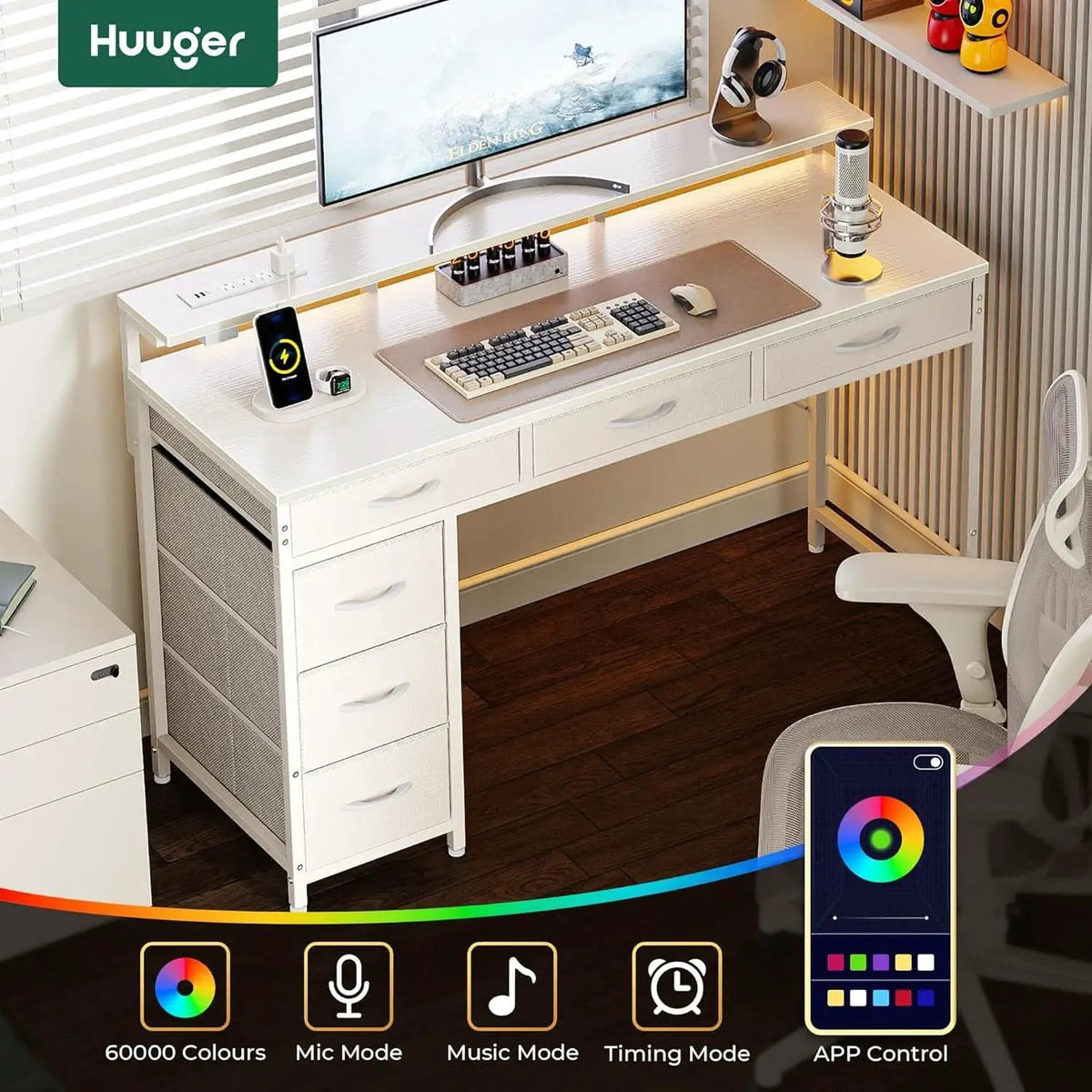 White 47 Inch LED Gaming Desk With 6 Drawers USB Type C from PriceLows™