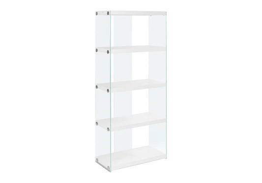 5 Tier Etagere Bookshelf | Glossy Clear Tempered Glass | Polished Chrome Accents | White