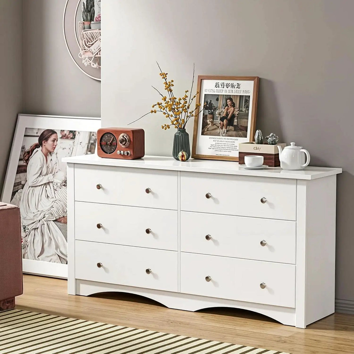 White 6 Drawer Dresser With Smooth Metal Slides Storage from PriceLows™